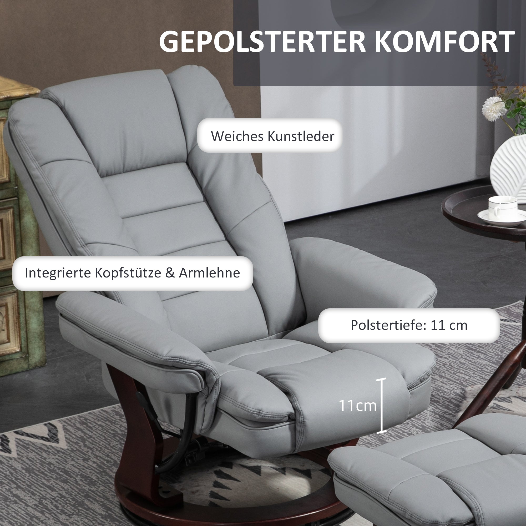 Reclining Armchair with Footstool, 360° Swivel Lounge Chair, Faux Leather Grey