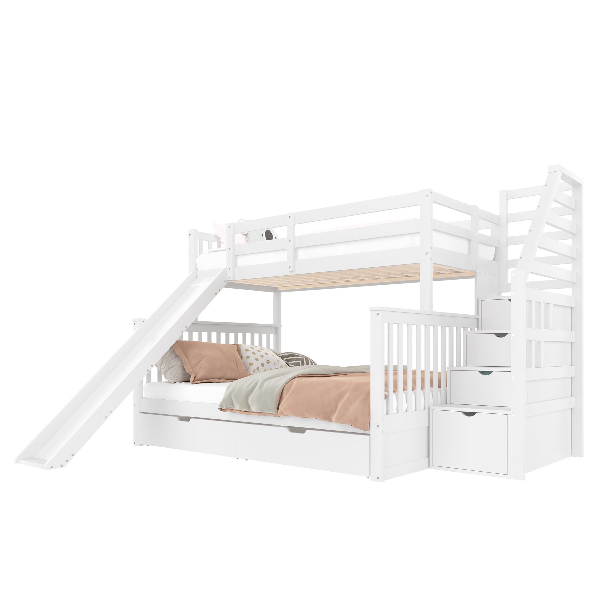 Bunk Bed 90x200 over 140x200 with Drawers Storage and Slide - White