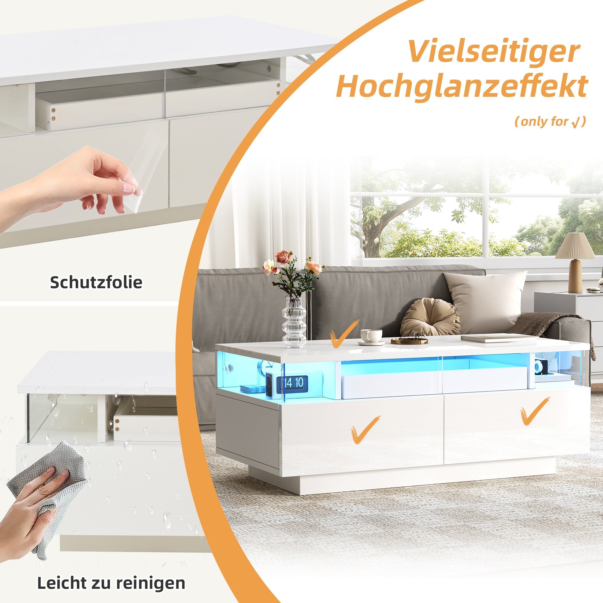 Coffee Table with Tray, 90 x 45 x 35.5 cm, 2 Drawers, Tempered Glass, LED Light, White