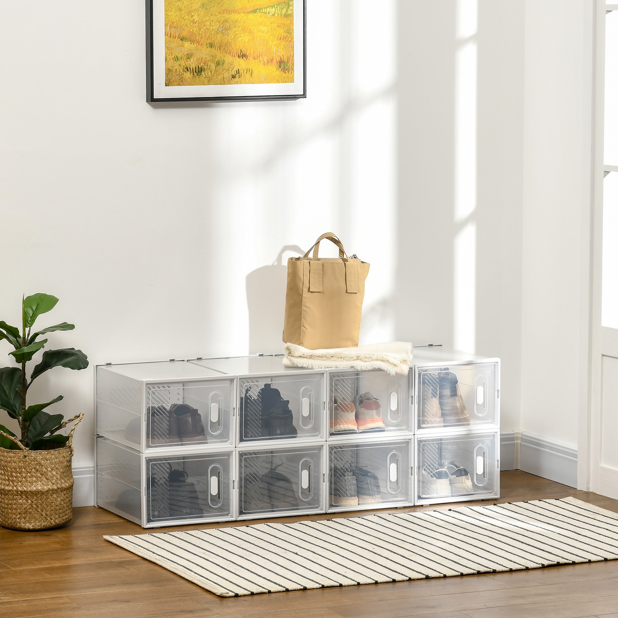 Shoe Boxes, 8-Pack Magnetic Door Plastic Storage, Transparent + White