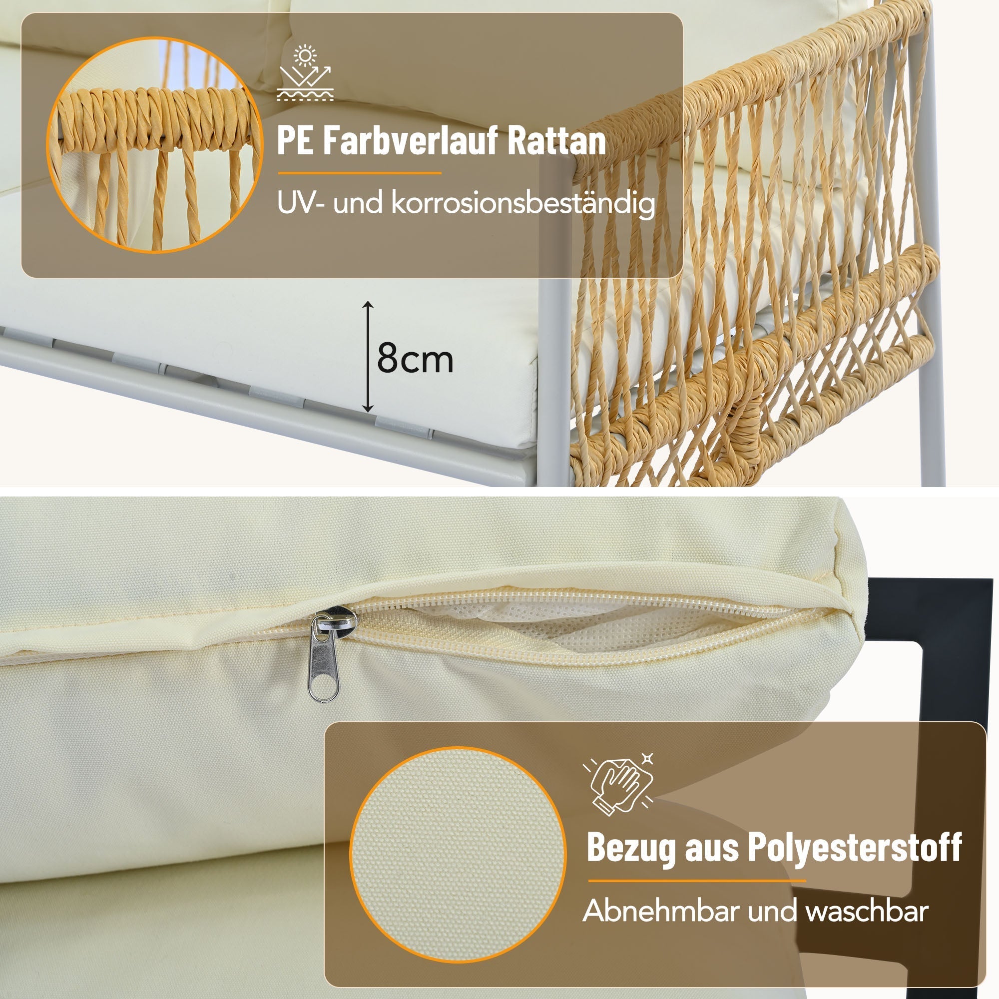Garden Furniture Set 7-Seater Rattan Coffee Table Washable Cushions - Beige