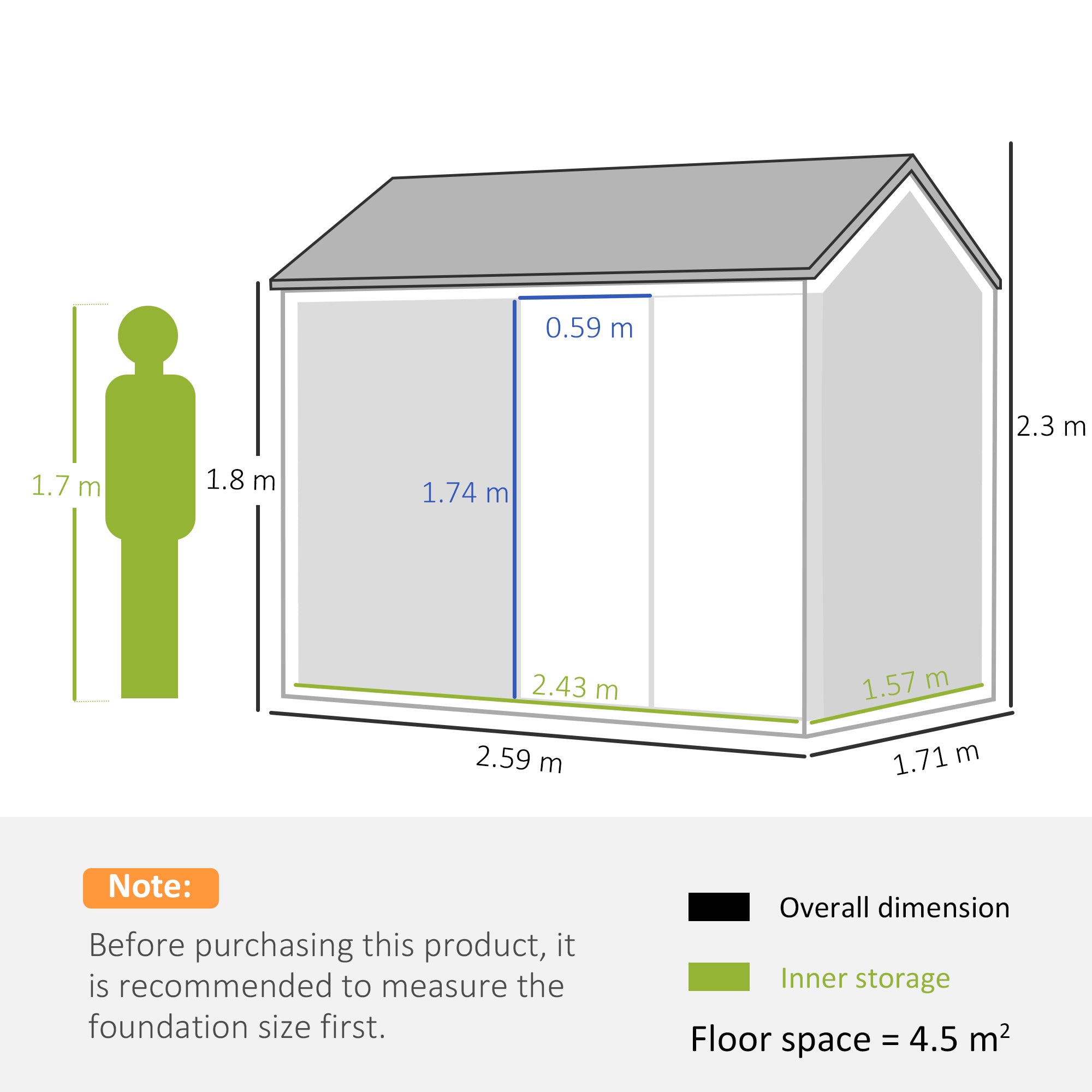 8 x 6 ft Galvanised Garden Shed with Double Doors and Air Vents, Grey