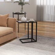 C Shape Bedside Table, Metal Frame Marble-Effect Top Snack End Table, Grey