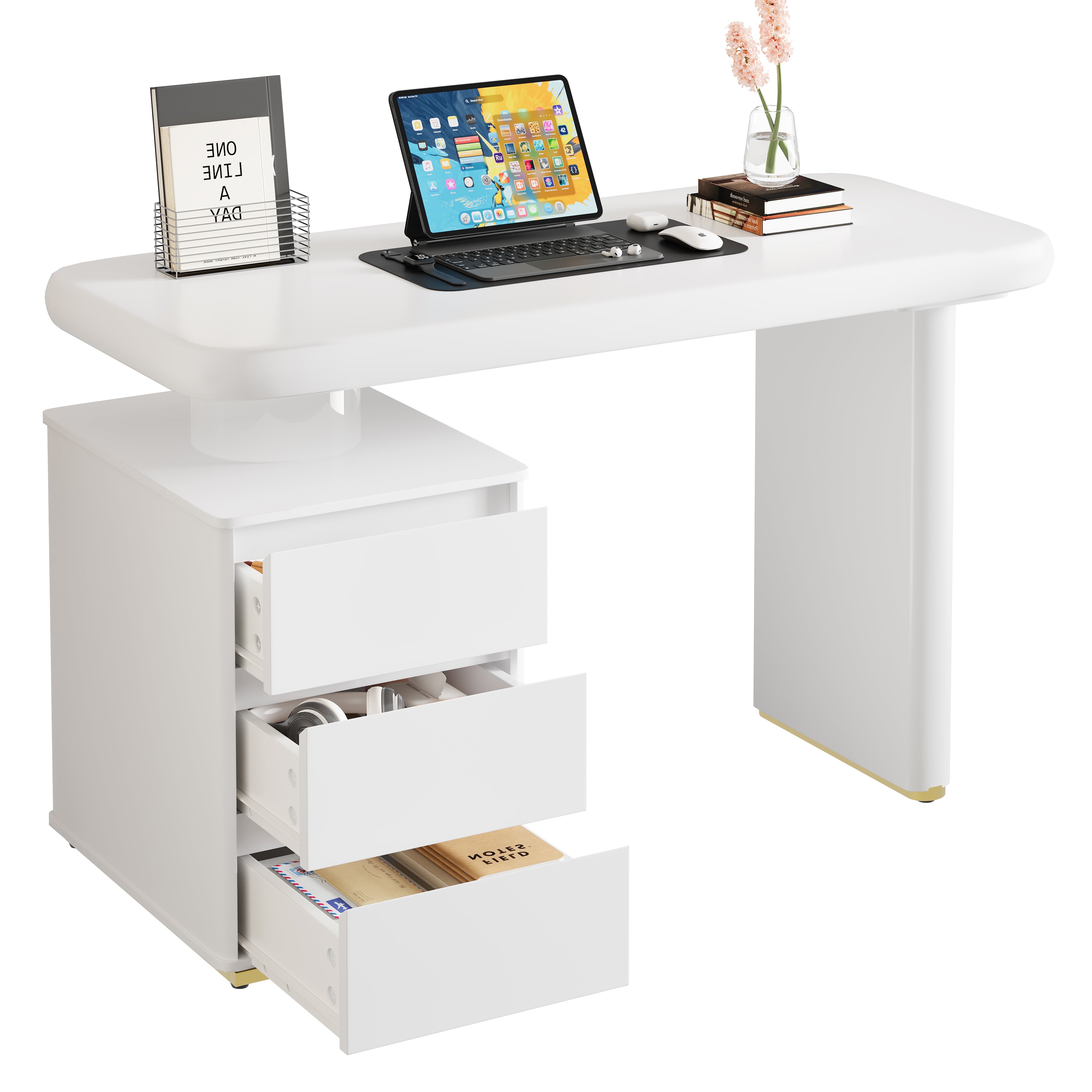 Modern Desk, 117×50×74 cm, Cloud Shape, 3 Drawers, White Lacquer Finish