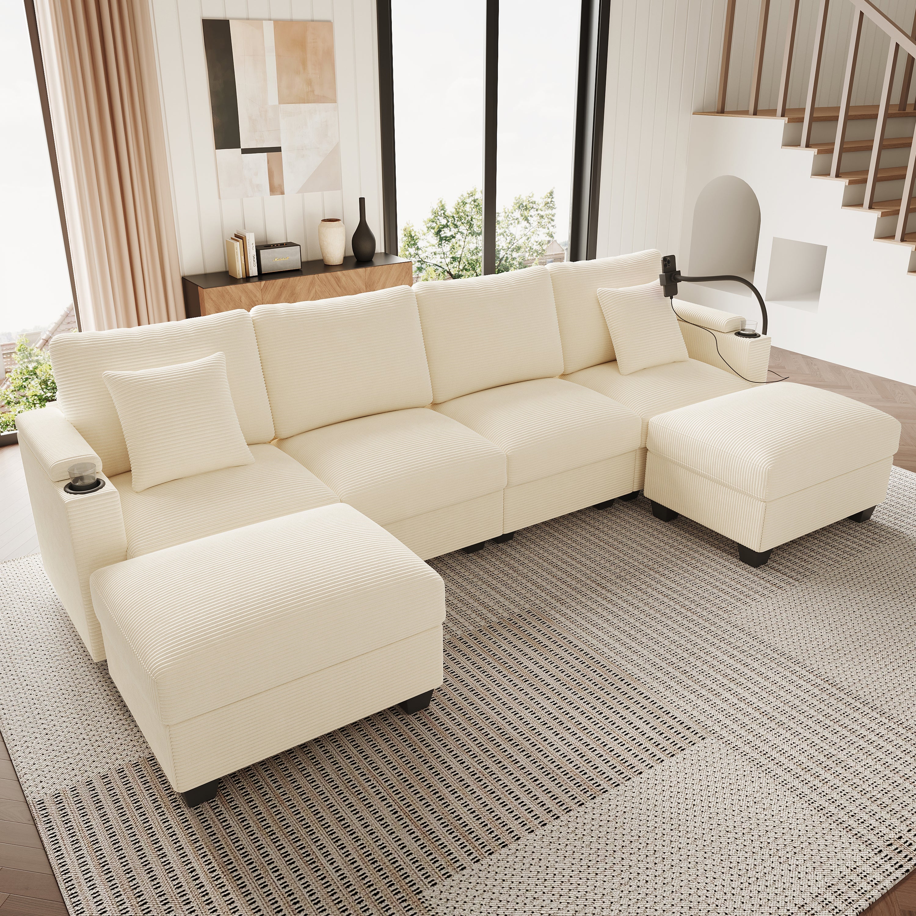 U-Shaped Modular Sofa with Sleeping Function, Phone Holder and USB Port, Beige Corduroy