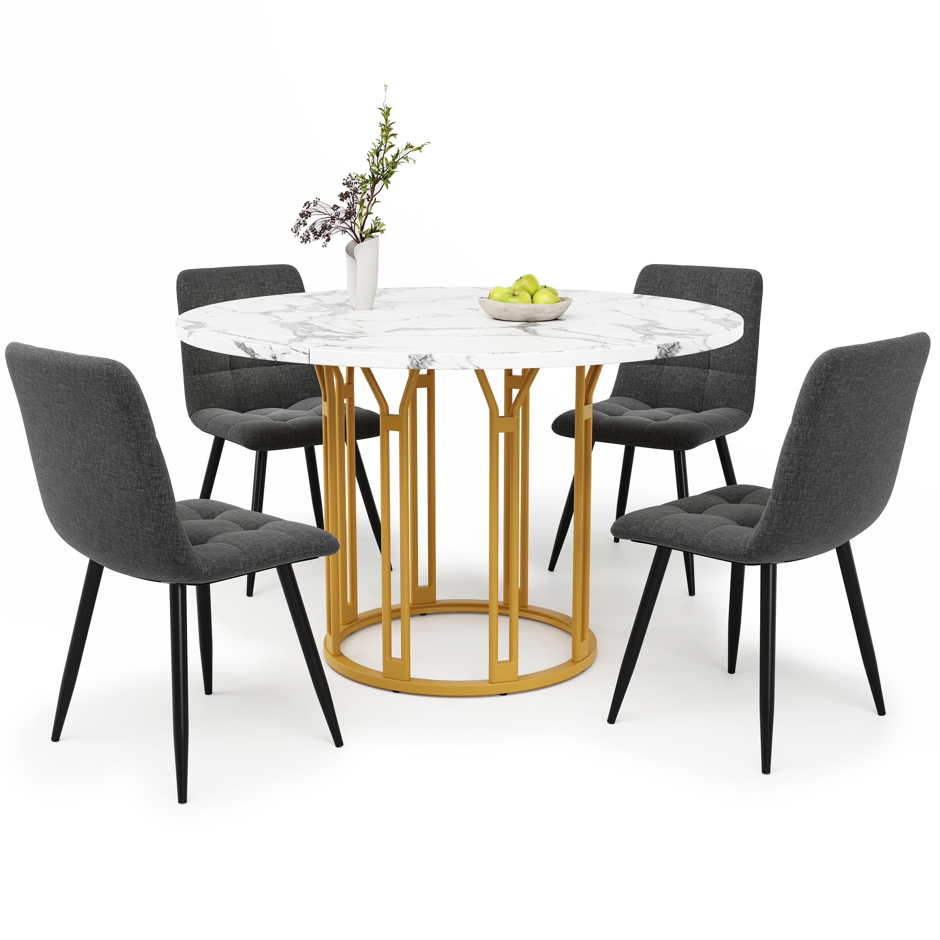 Dining Table Set 5-Piece Round Marble Top 4 Chairs Linen Bench - Grey
