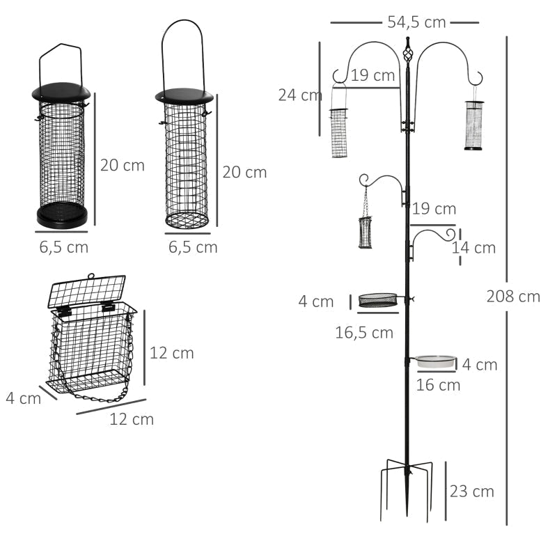 Vogel-Futterstation, 208 cm, 4 Haken, Vogelbad, Stahl, Schwarz