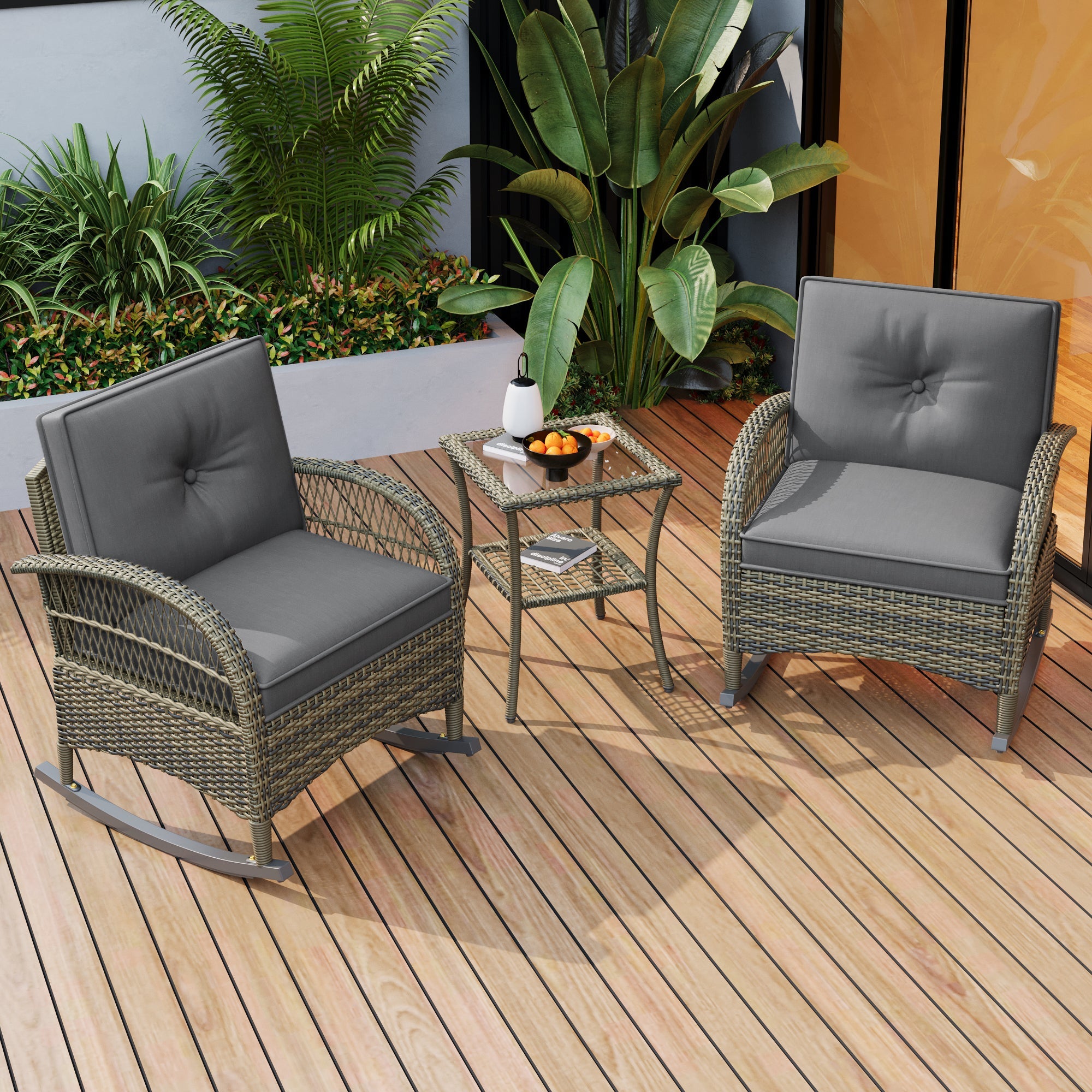Rattan Balcony Set 3-Piece 160 kg Load Capacity, Grey Cushion