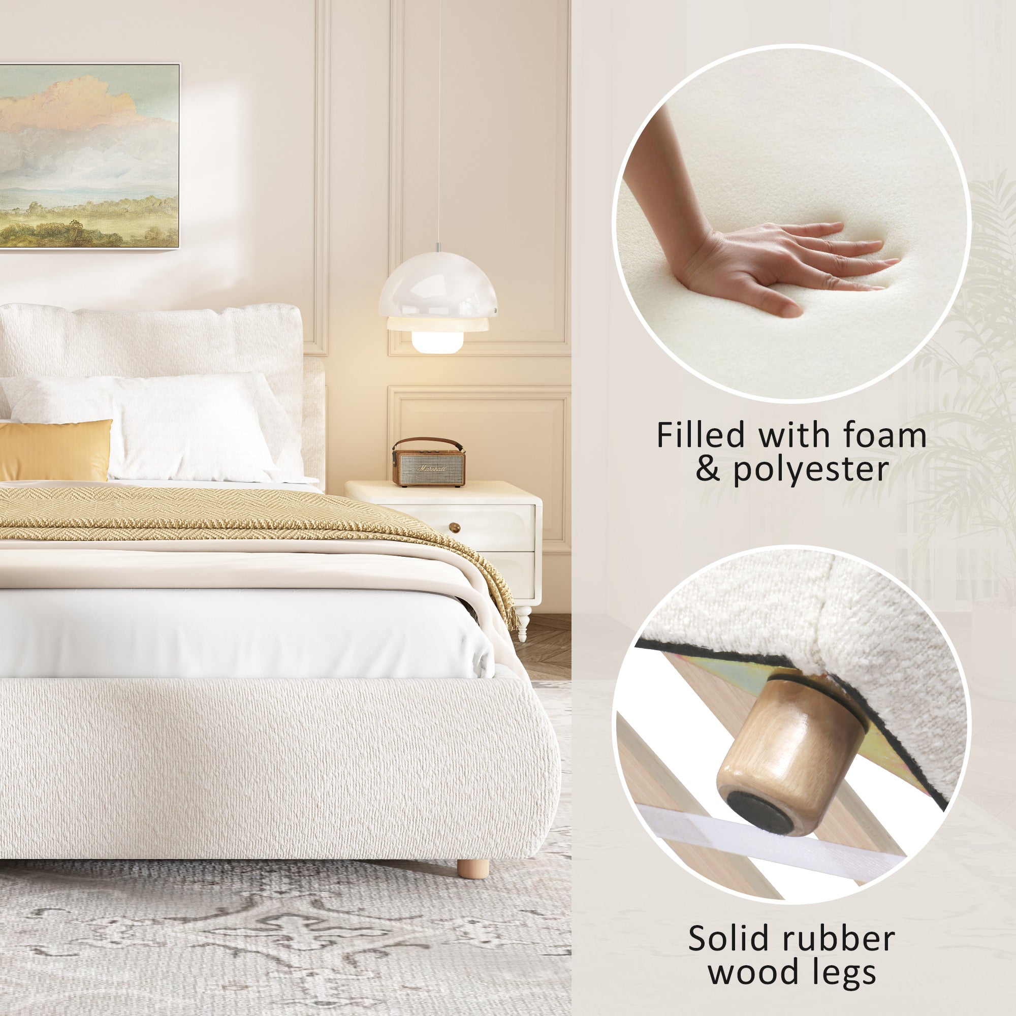 Ottoman Storage Bed Frame, 5ft Upholstered Cloud Bed with Boucle Fabric, Warm White