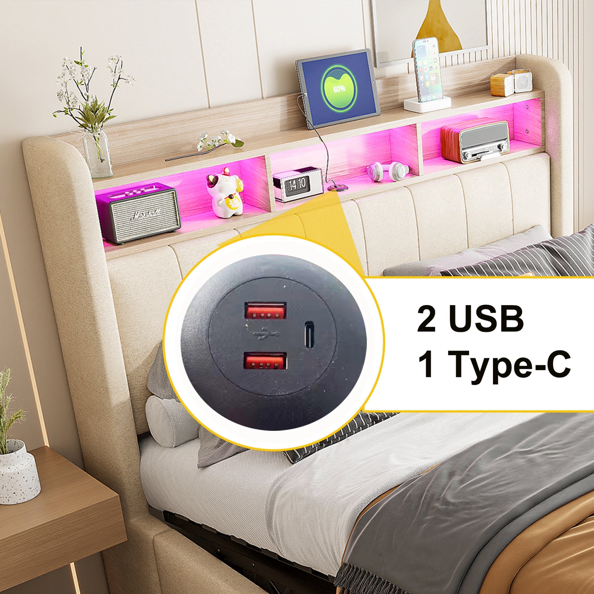 Upholstered Bed 160x200cm LED/USB, Storage, Hydraulic Lift, Beige Linen Fabric
