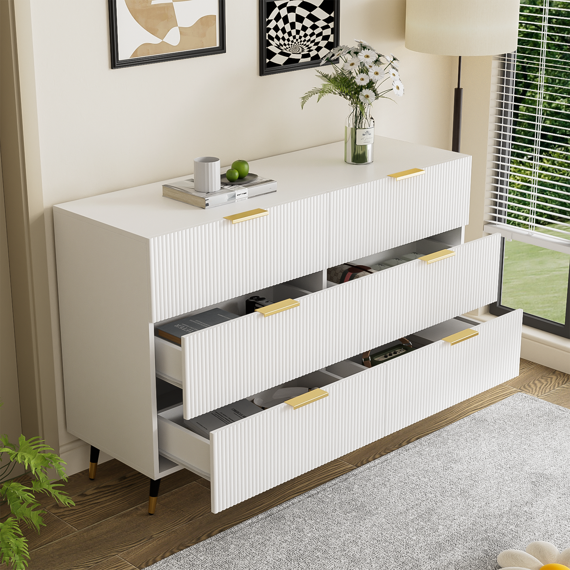 Sideboard - Modern Design Chest of Drawers, Golden Handles
