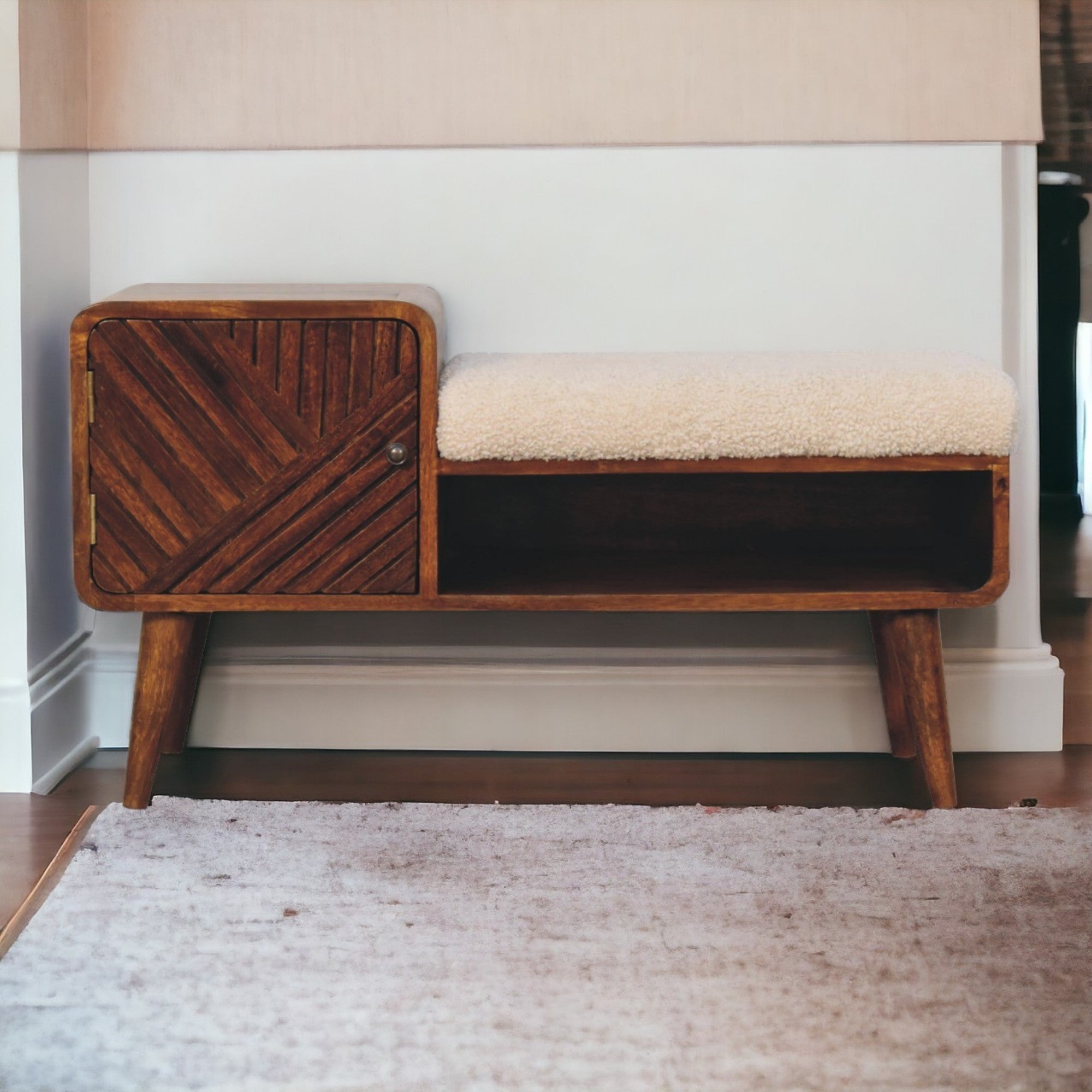 Solid Wood Telephone Table with Upholstered Boucle, 1 Drawer & Open Shelf, Dark Brown