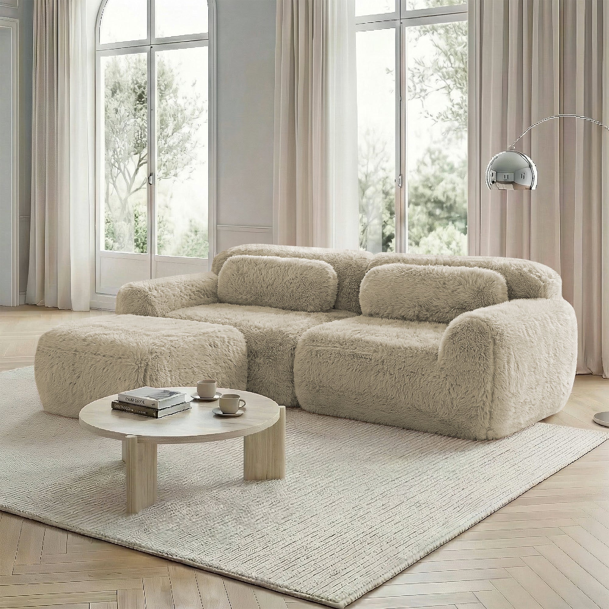 L-shaped Sofa Modular 2-Seater Plush Fabric No Assembly - Light Khaki