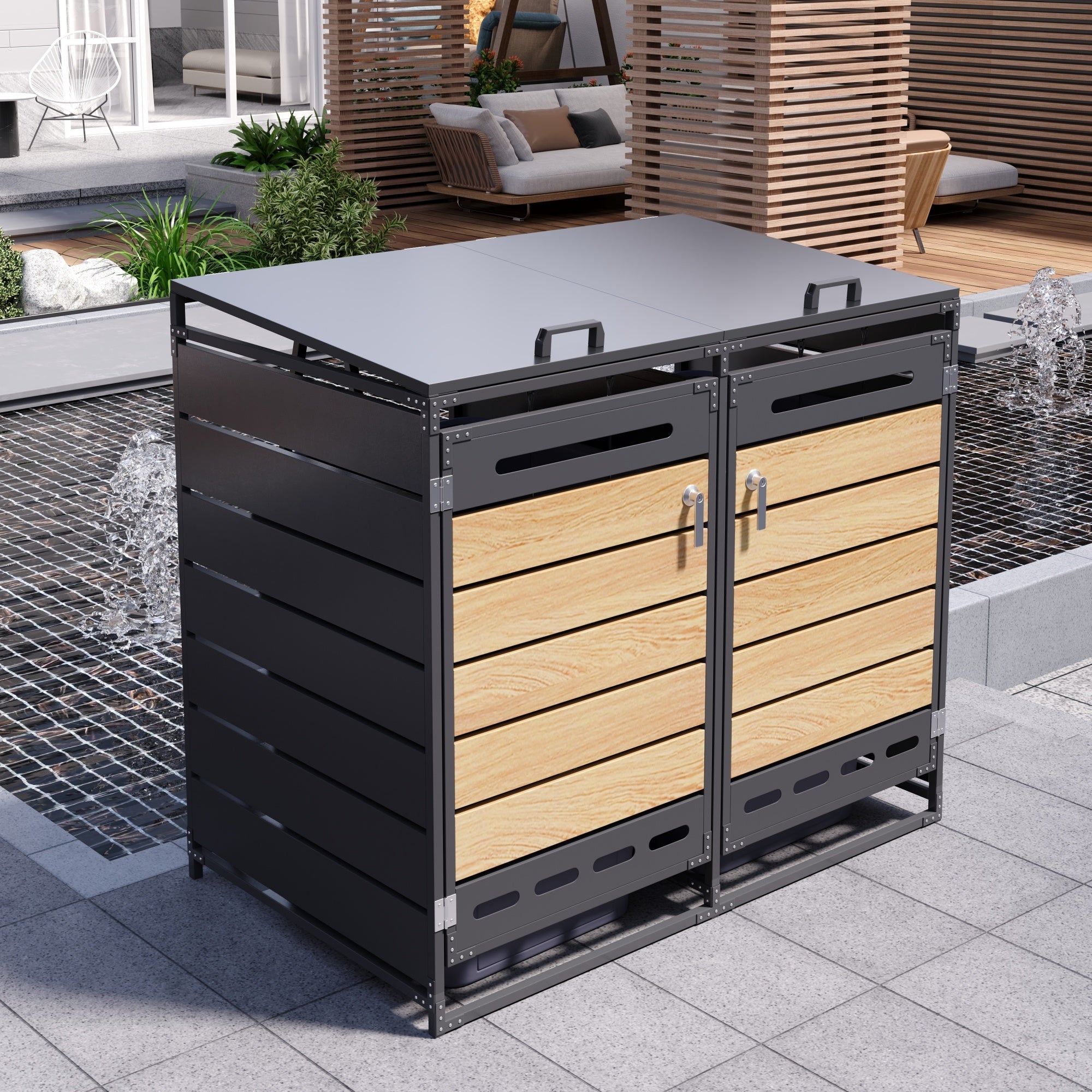 Bin Storage Unit with Hydraulic Lid and Slotted Ventilation, Iron with Wood-Look Cladding