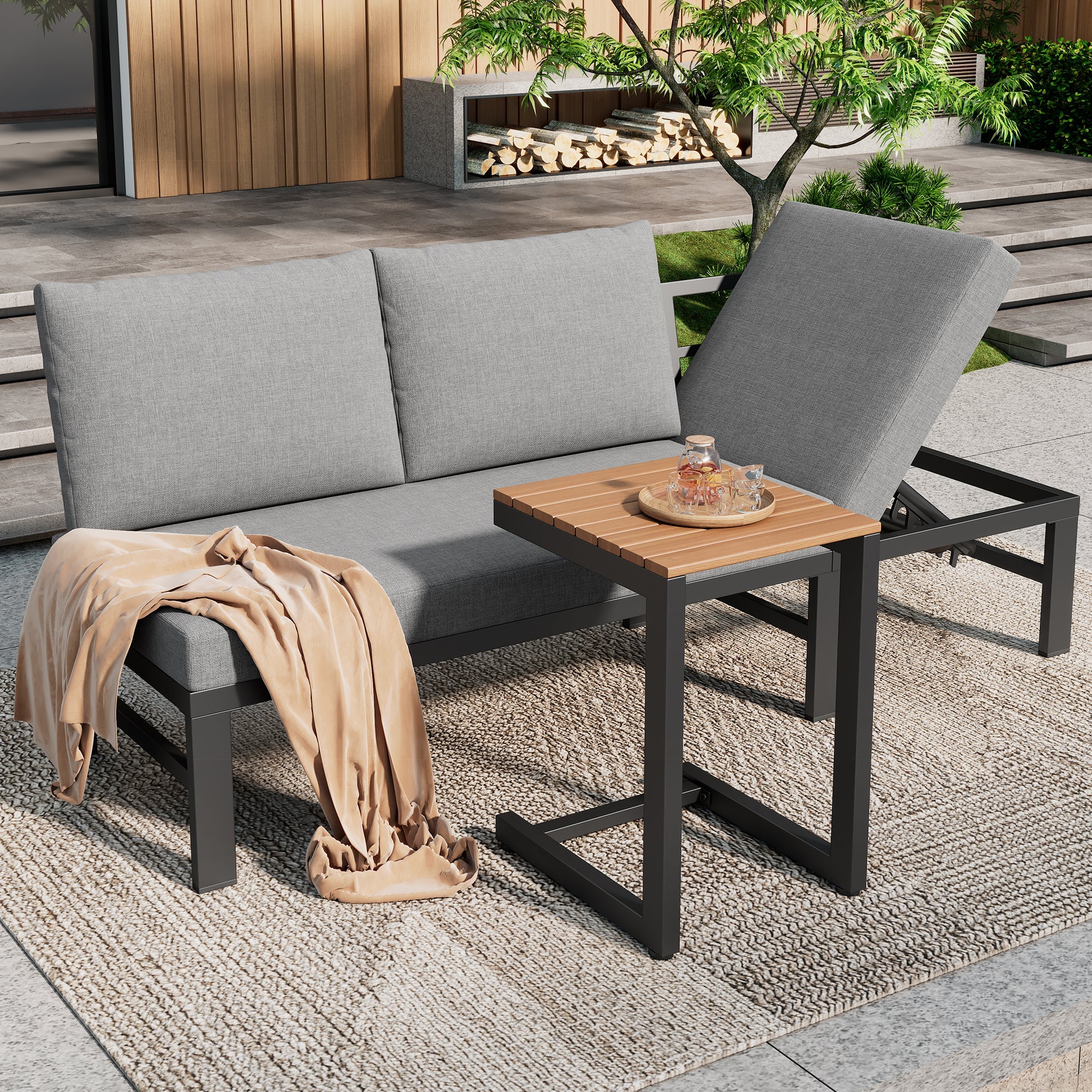 Garden Furniture Set, 3-Seater Outdoor Sofa with Reclining Function and Table, Grey