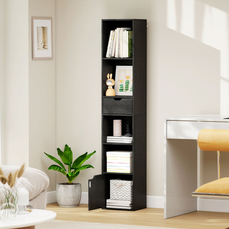 6-Tier Bookcase Narrow Shelves with Drawer and Door - Black