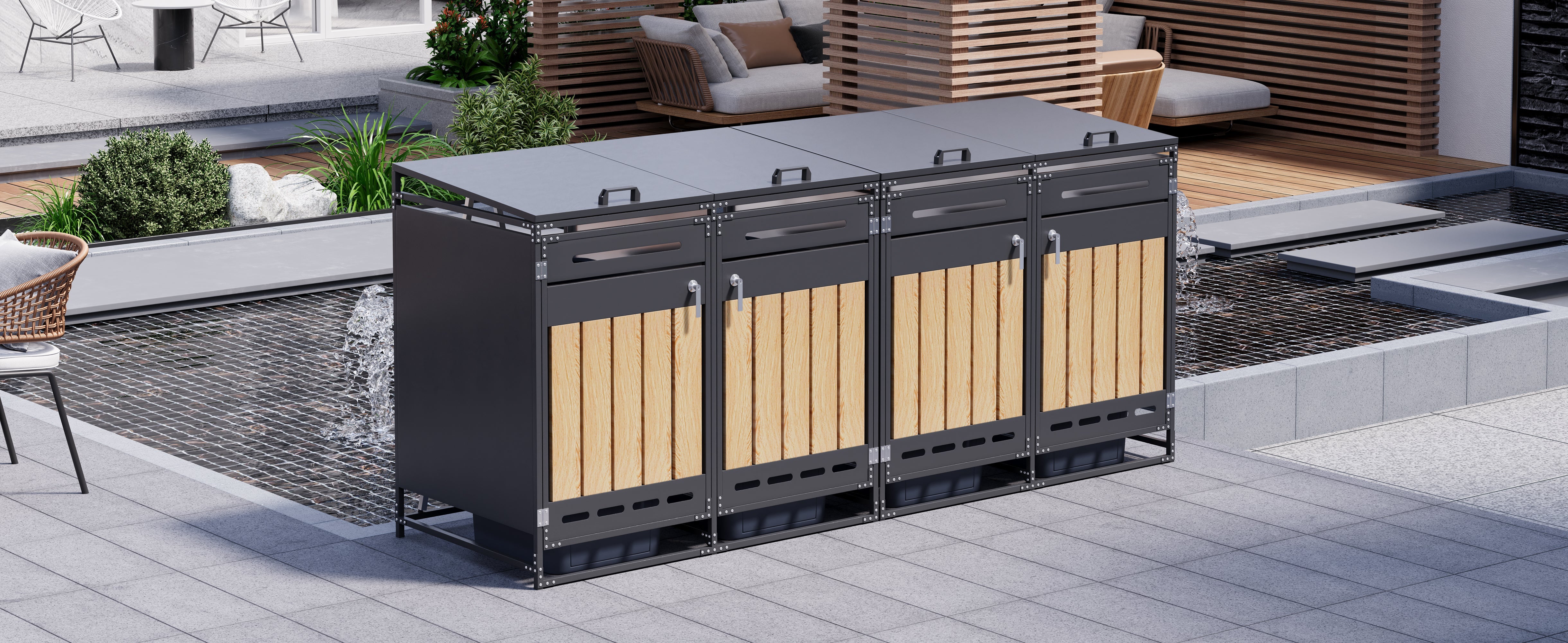 Bin Storage Cabinet, Set of 4 with Hydraulic Lids and Vertical Cladding, Iron Wood-Look