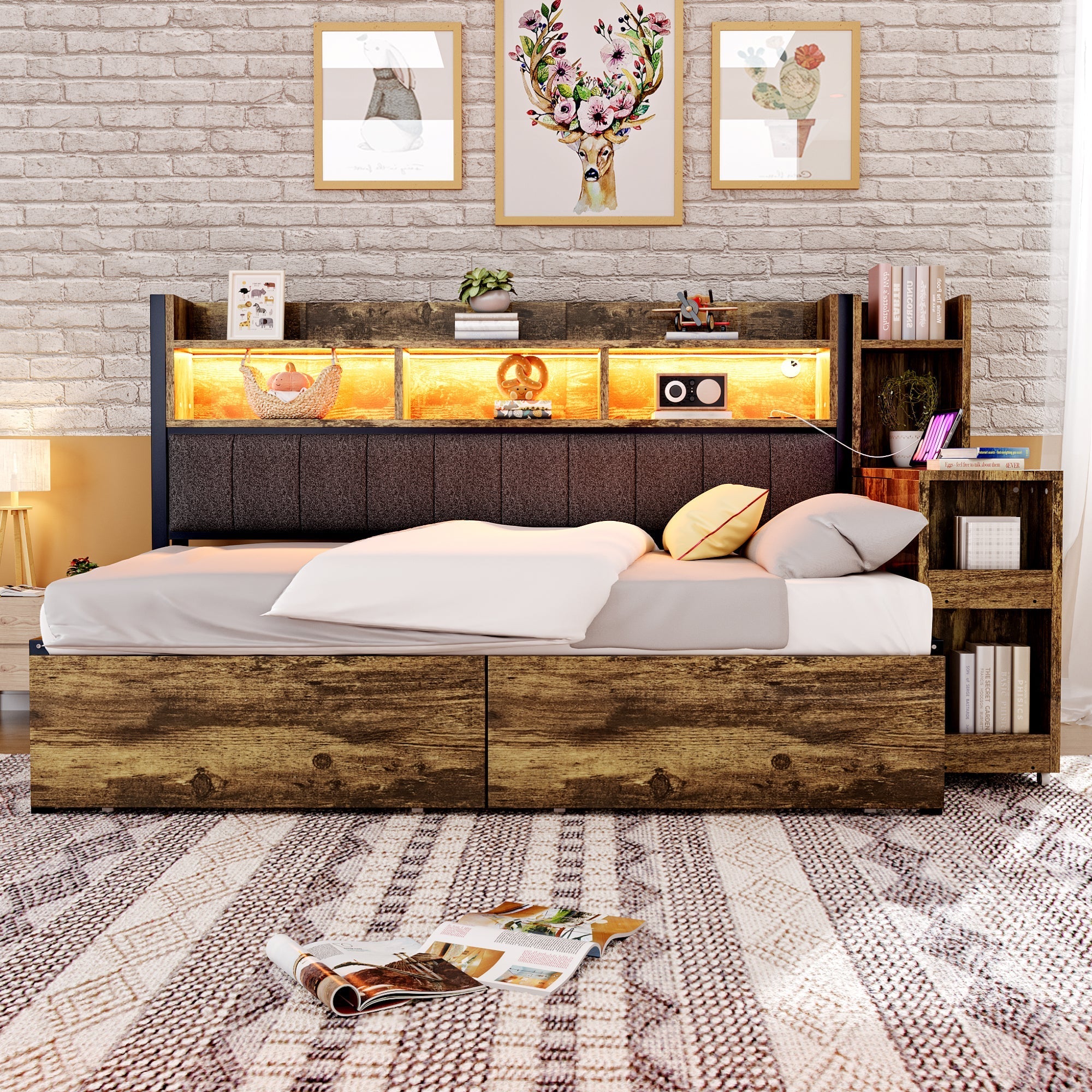 Single Bed with Movable Desk, Storage Drawers and Integrated Outlets, Metal