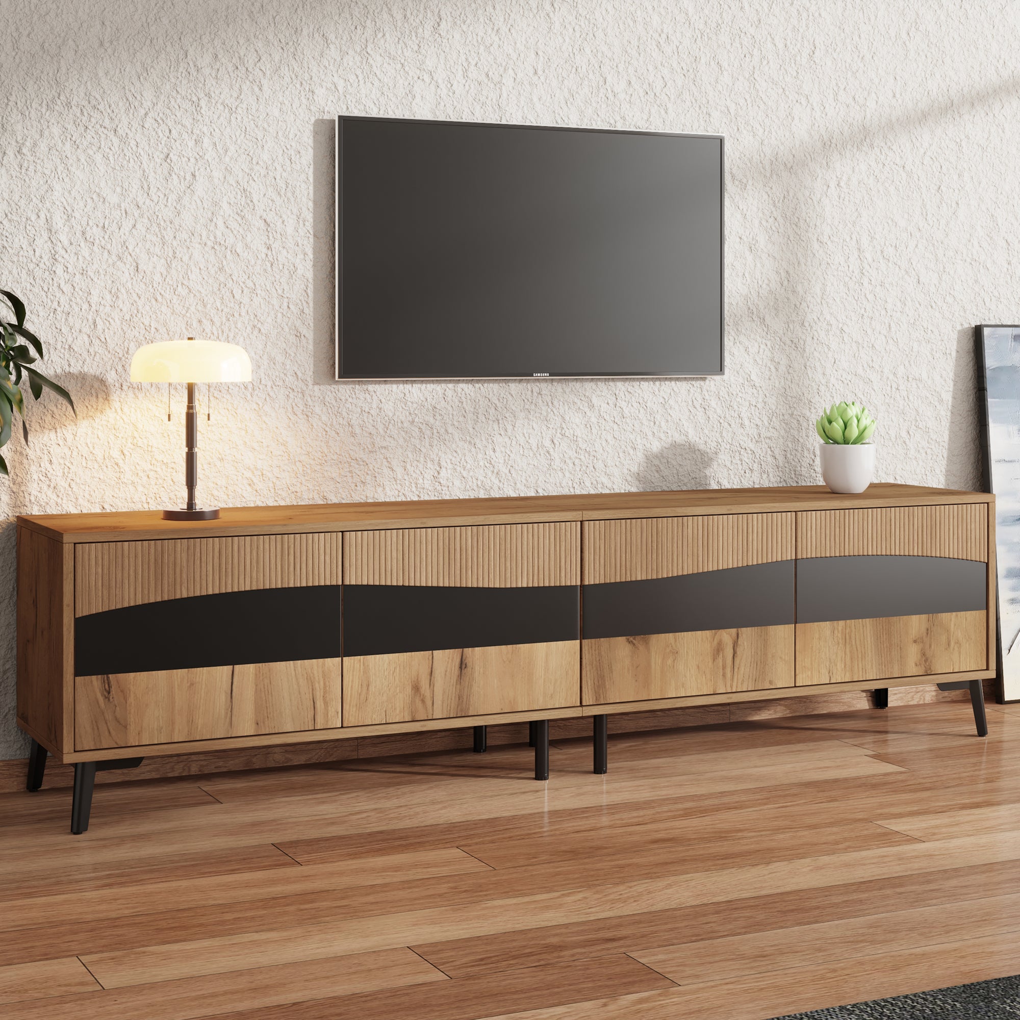 TV Cabinet, 180x40x50cm, 4 Cabinets, Symmetrical Design, Wood & Black