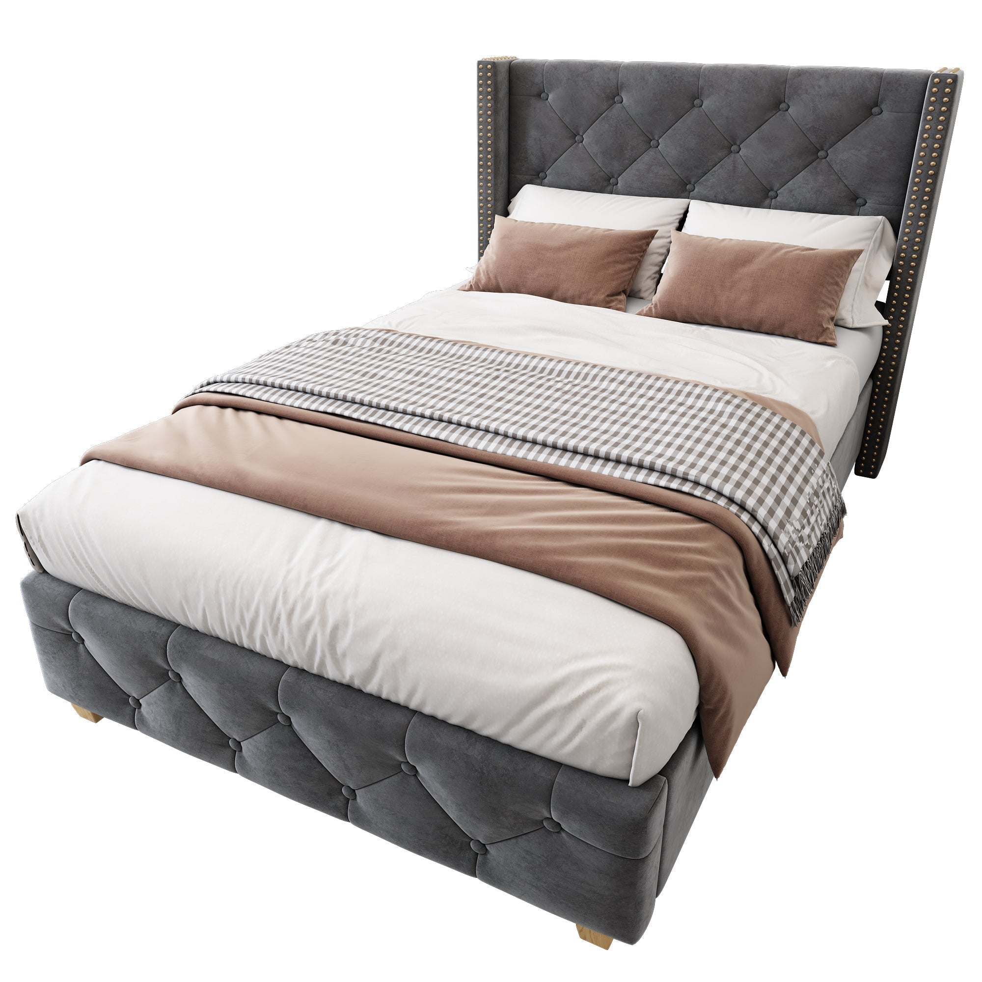 Upholstered Bed with Button Studded Headboard and Wooden Legs, 90x200cm, Grey Velvet