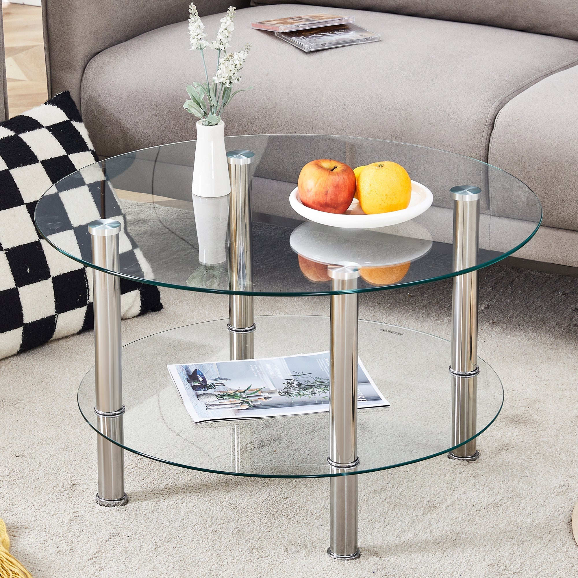Glass Coffee Table Two-Tiered Silver Metal Legs - Silver