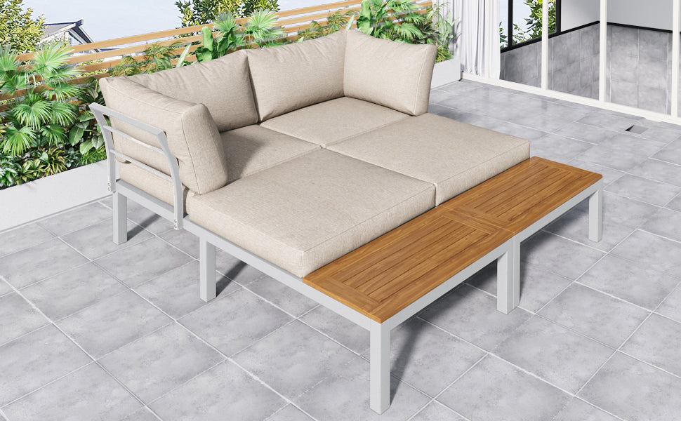 Garden Lounge Chair Set, Galvanized Steel Frame with Acacia Wood Top, Beige