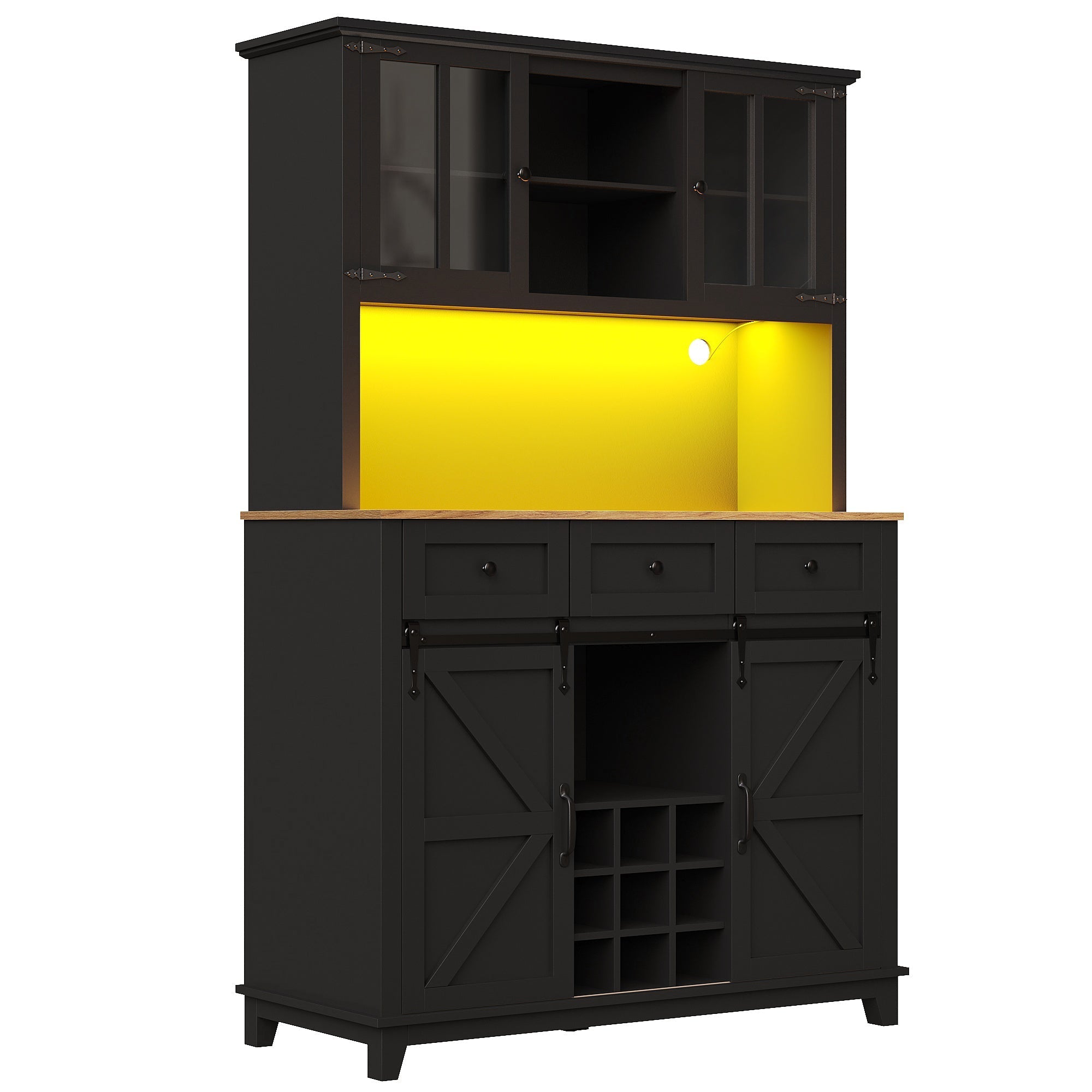 Tall Kitchen Cabinet with LED Lighting and Adjustable Shelves, Black