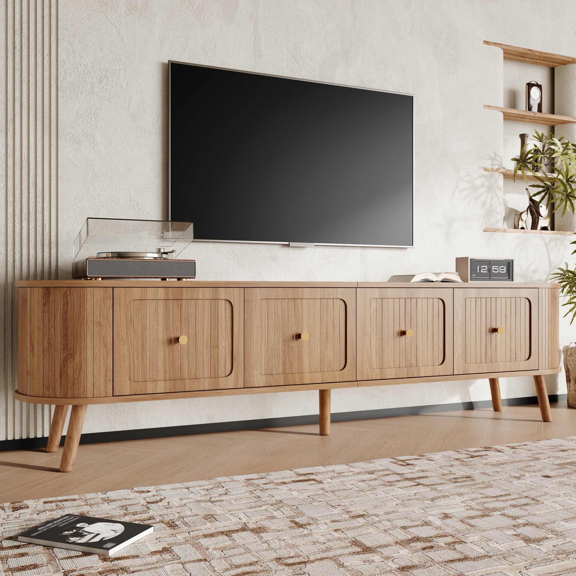 Modern TV Cabinet with 4 Doors and Gold Handles, Oak finish