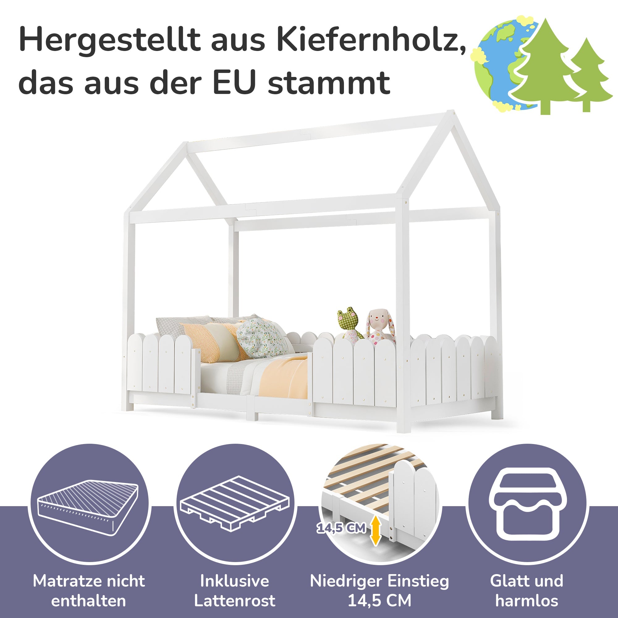 House bed 90x200 cm - versatile wooden children's bed with fall protection and slatted frame - white