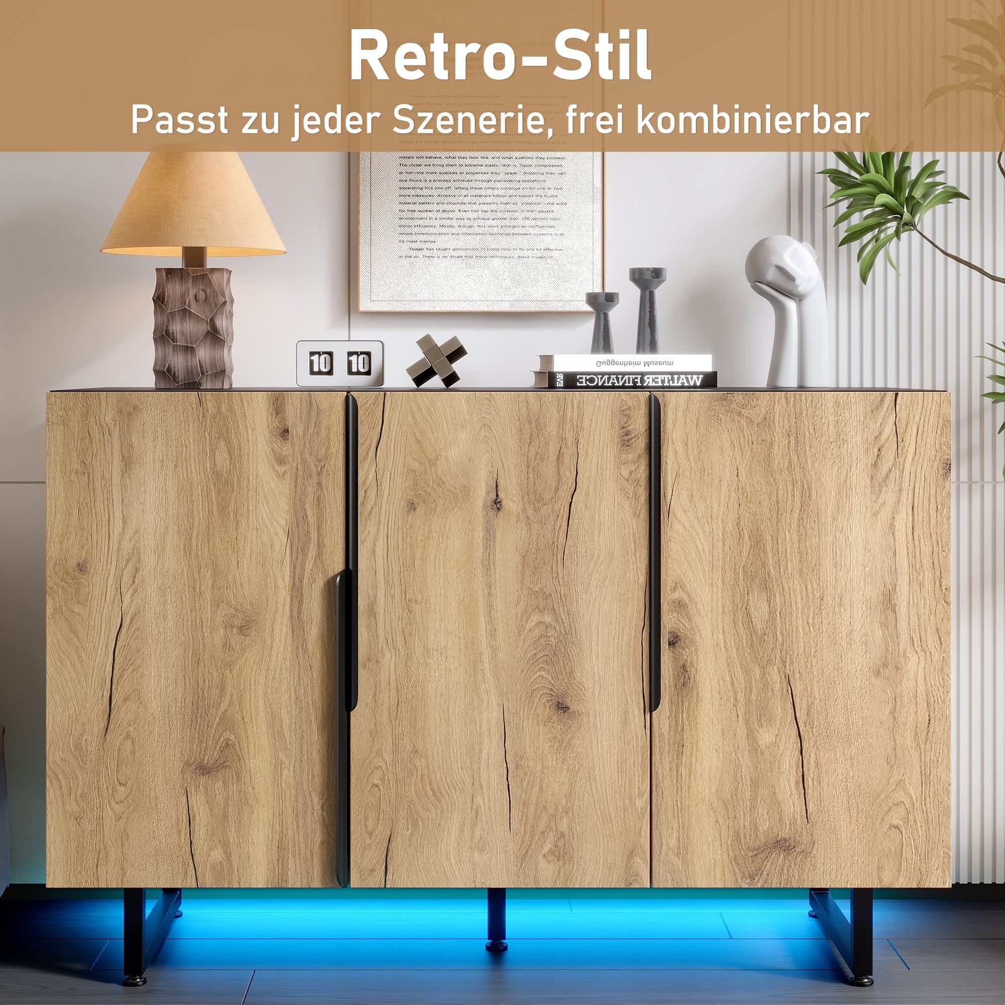 Sideboard, Retro with Integrated LED Lighting, Freestanding, Adjustable Shelves, Stylish Design