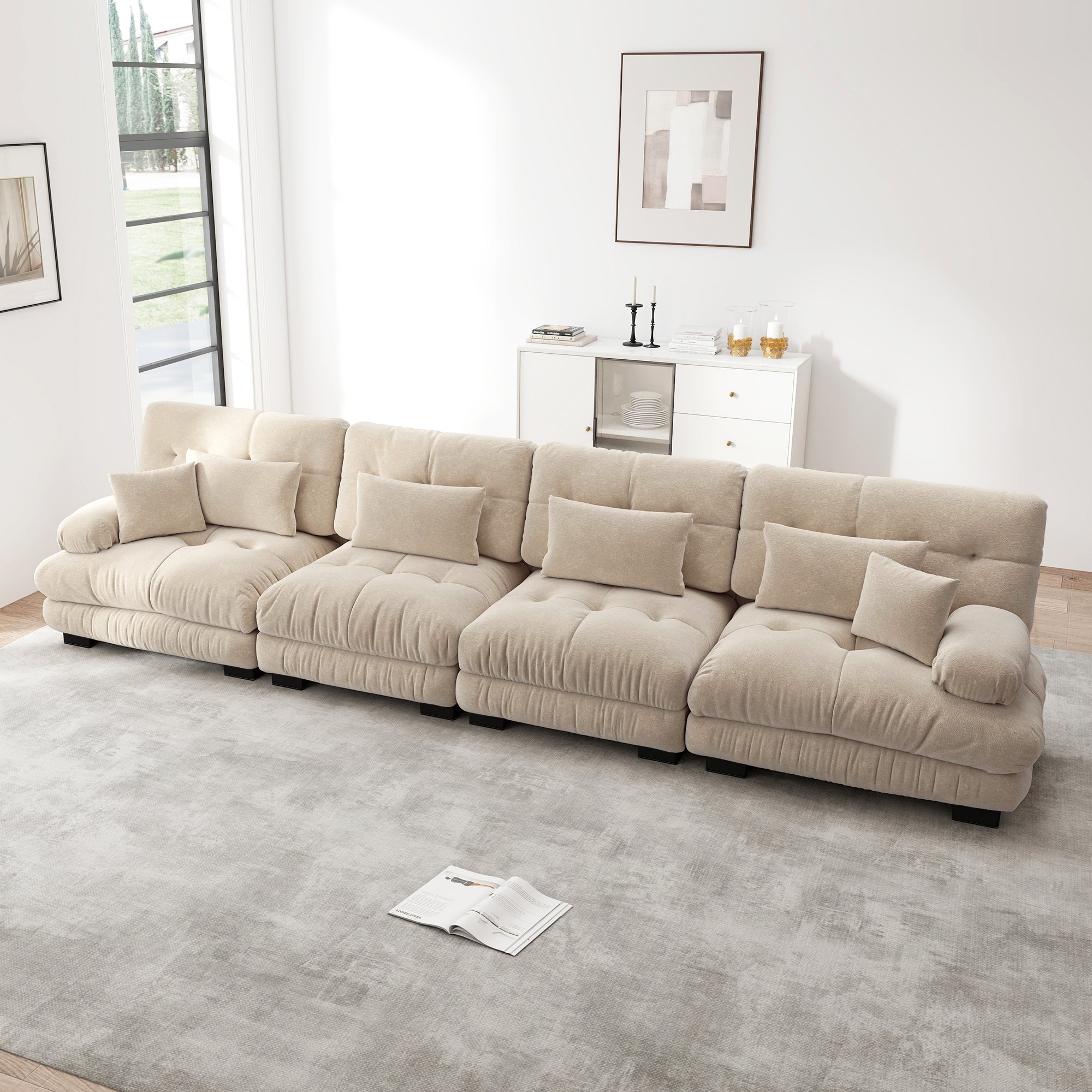 Modular Corner Sofa, 4-Seater Deep Seat Sleeper, Light Brown Chenille