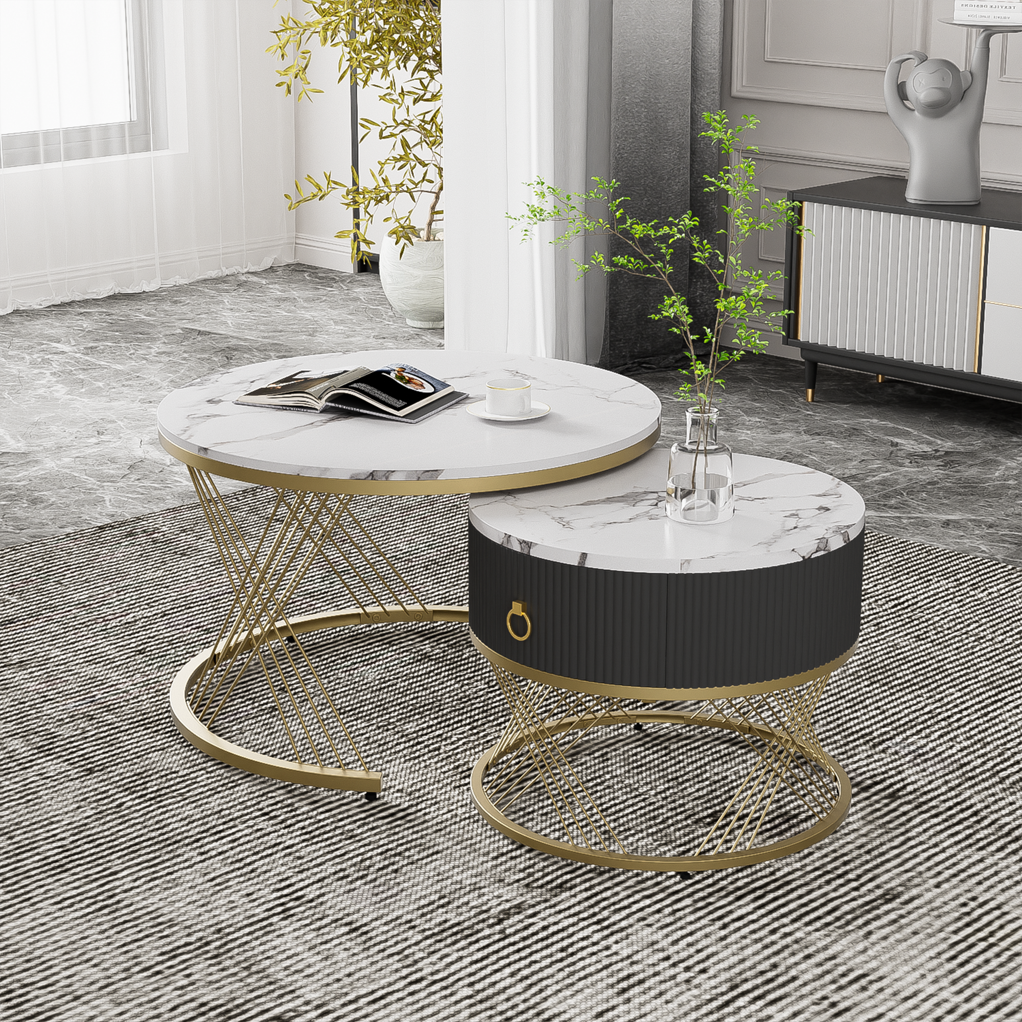 Modular Coffee Table Set of 2, Marble Look Drawers Gold Decor