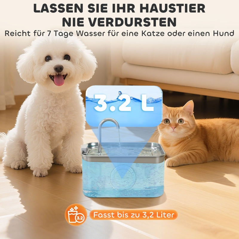 Cat Fountain, 3.2L Quiet Pump Activated Carbon Filter, Stainless Steel
