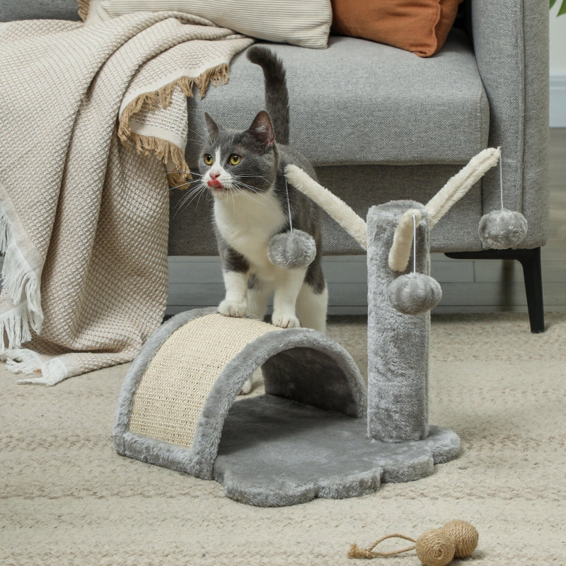 Katzenbaum, kleiner Turm mit Höhle, 2 Spielbälle, Kratzmatte, Hellgrau