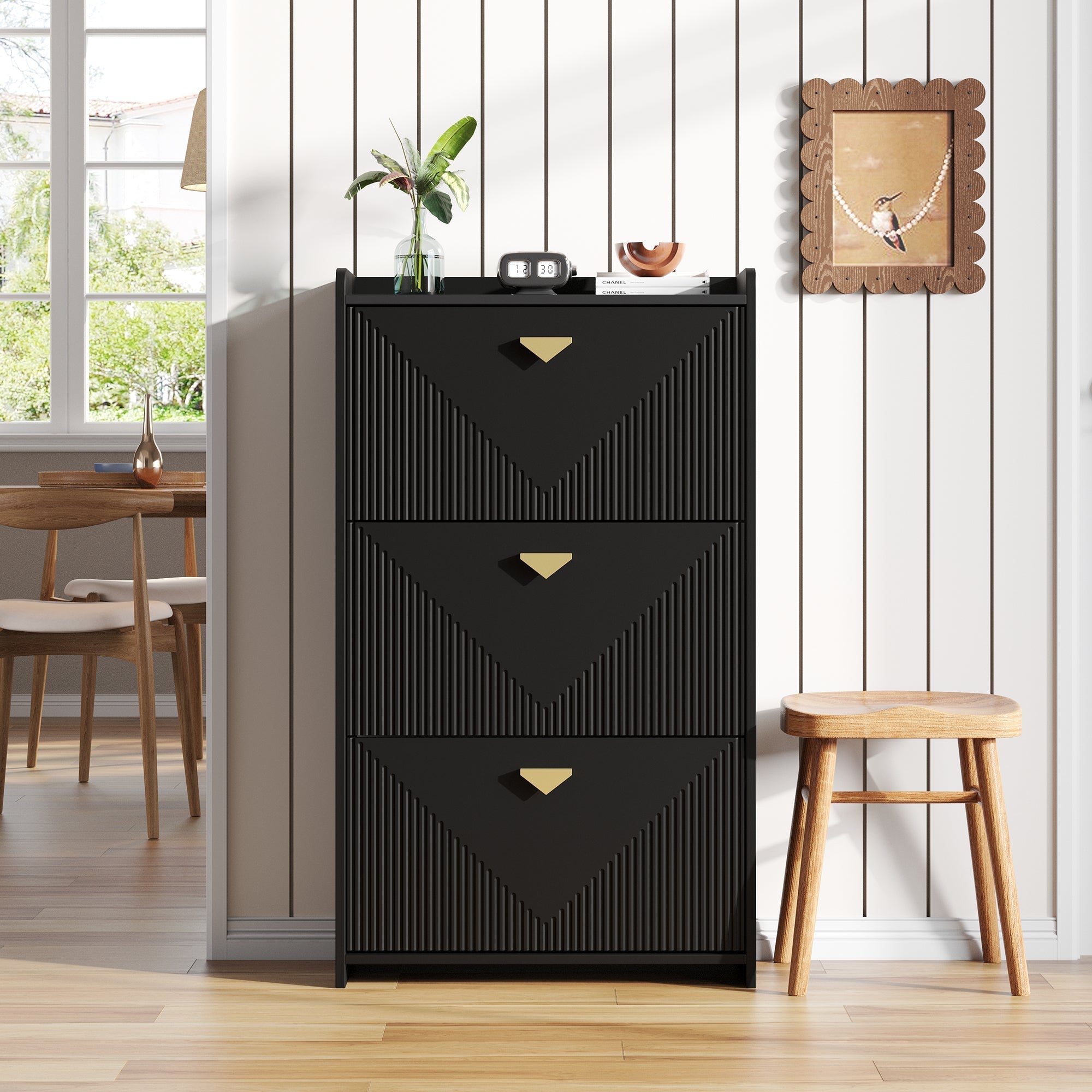 Shoe Cabinet 70x30x120cm 3 Drop-Down Doors 6 Compartments Adjustable Width Black