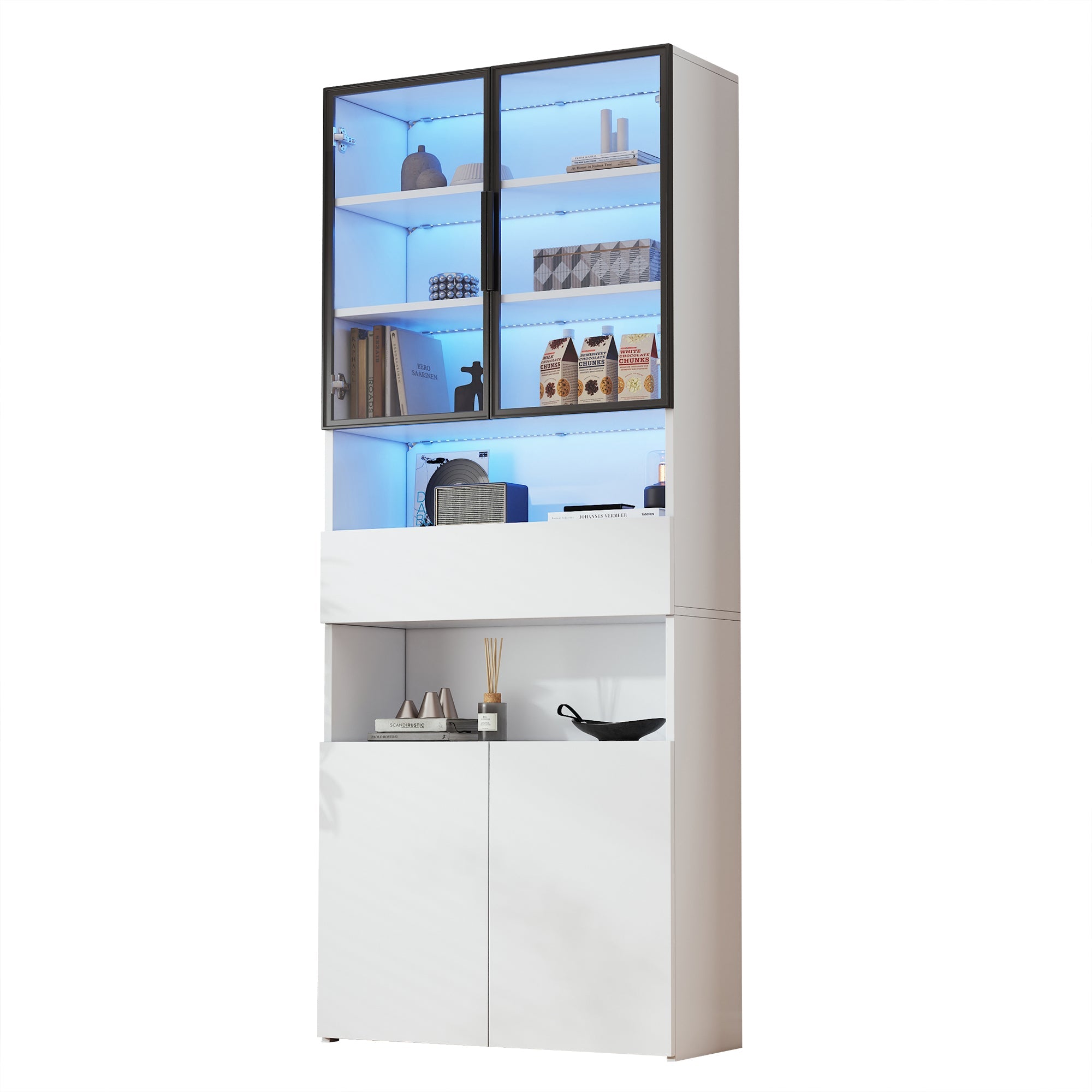 Display Cabinet with Drawers, Glass Doors & LED Lighting, 70x30x200cm, White