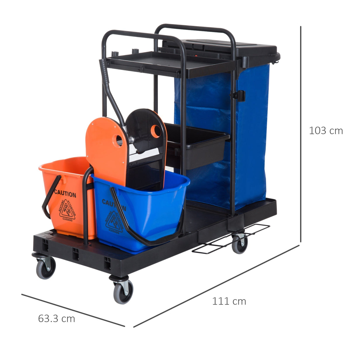 Cleaning Trolley 4-Wheel System Professional Cleaning 111x63.3x103cm, Black/Blue/Orange