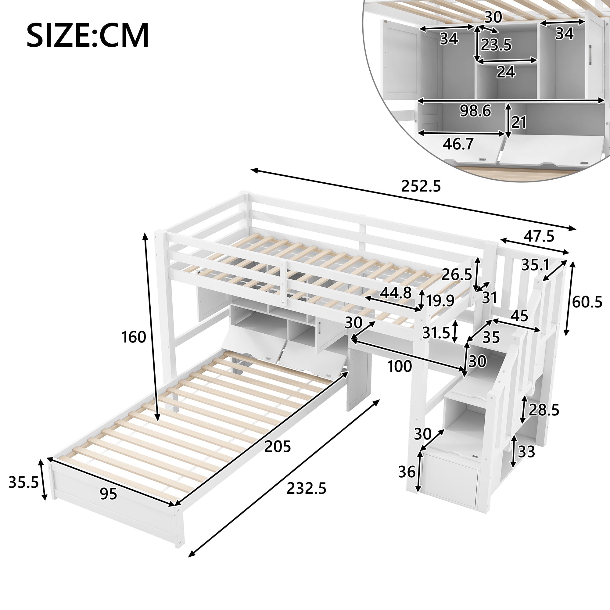 Loft Bed 90x200cm Desk Stairs Storage Shelves - White
