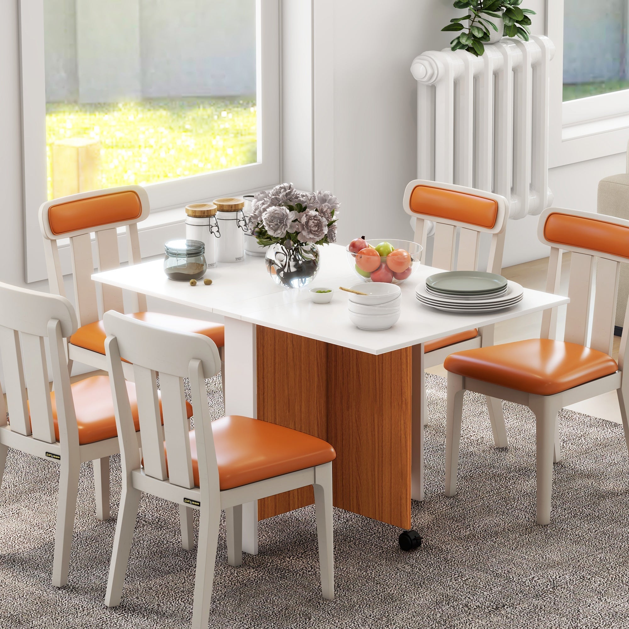 Folding Dining Table Writing Desk Workstation with Casters, Teak/White