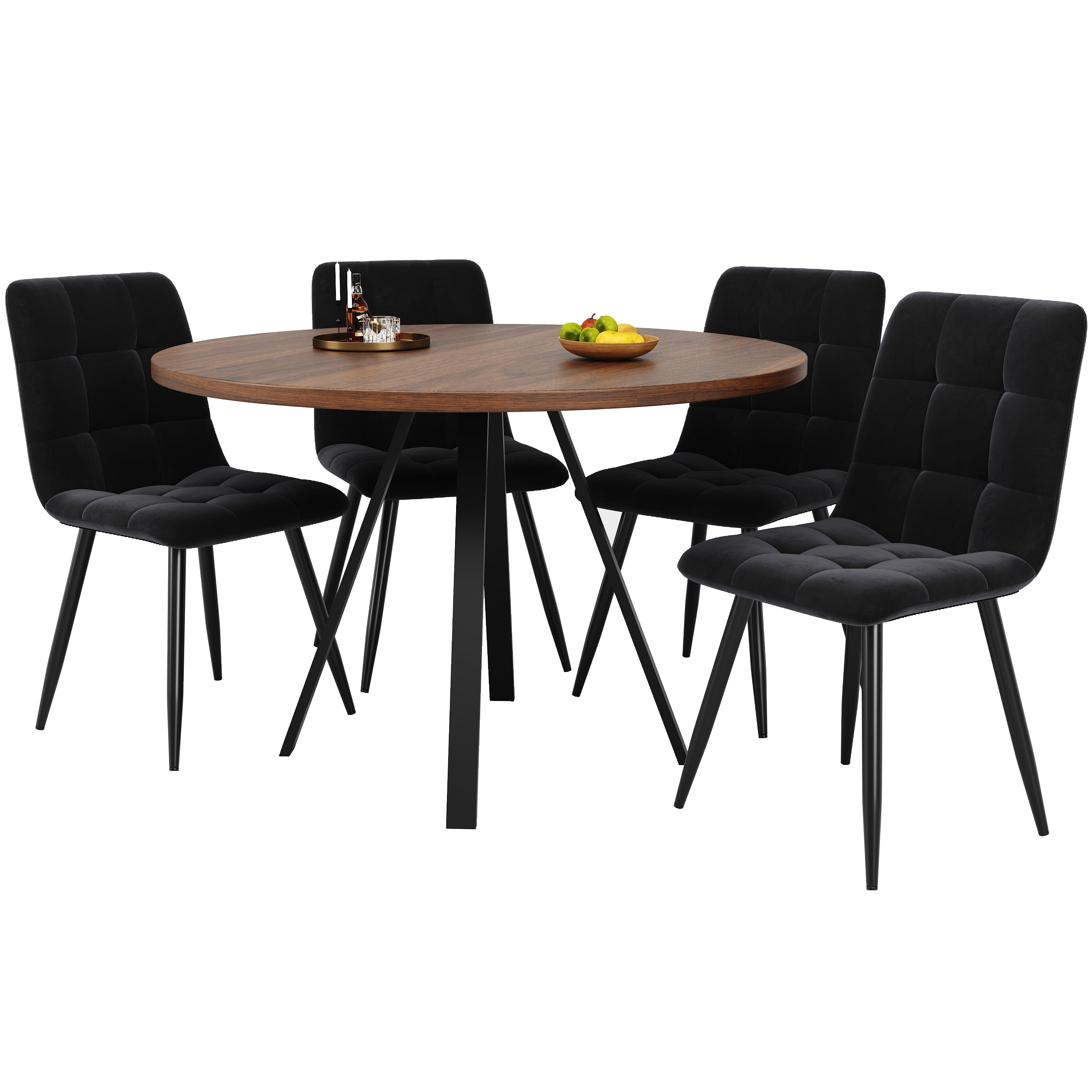 Dining Set 5-Piece Round Table 80cm 4 Chairs Velvet - Walnut/Black