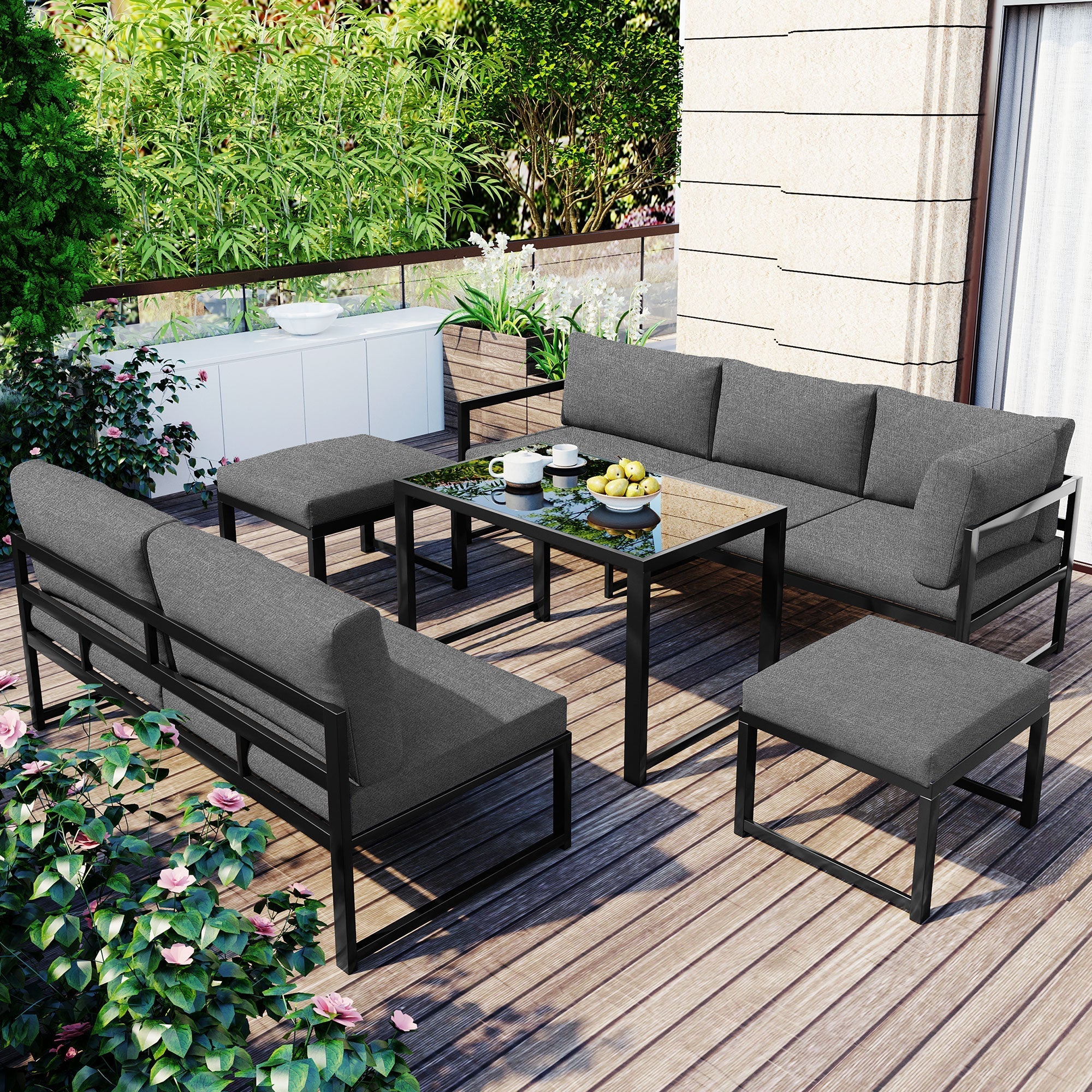 Outdoor Garden Lounge Sofa Set with Reclining Function, Adjustable Backrest, Grey