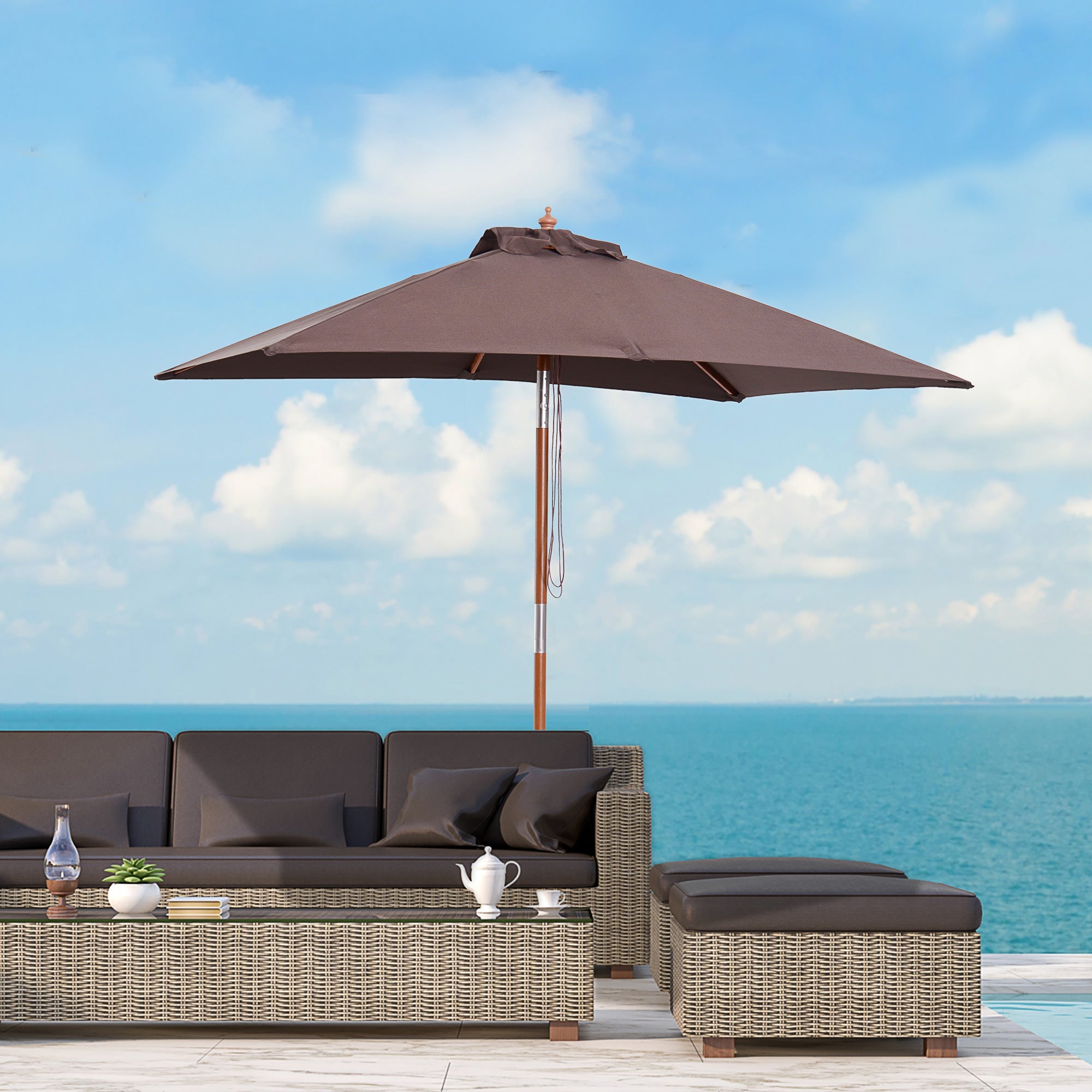 Parasol Garden Umbrella 200x150cm 3-Stage Adjustable, Fir Wood & Polyester Coffee