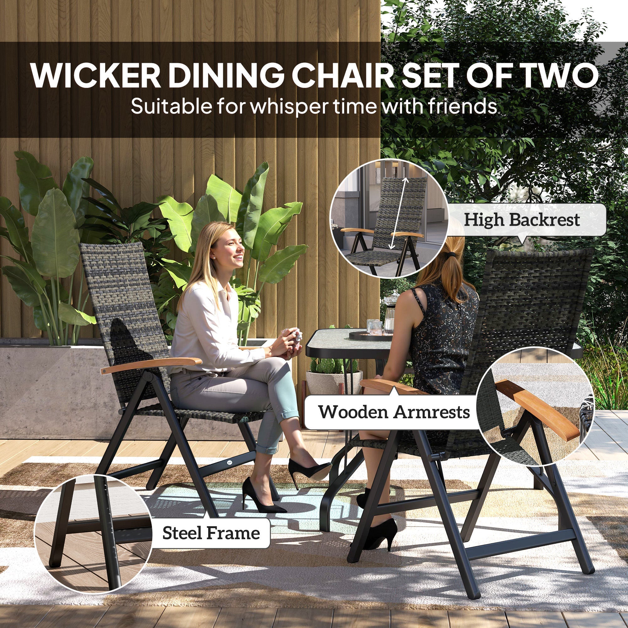 Folding Rattan Garden Dining Chairs Reclining High Back Wood Armrests Mixed-grey