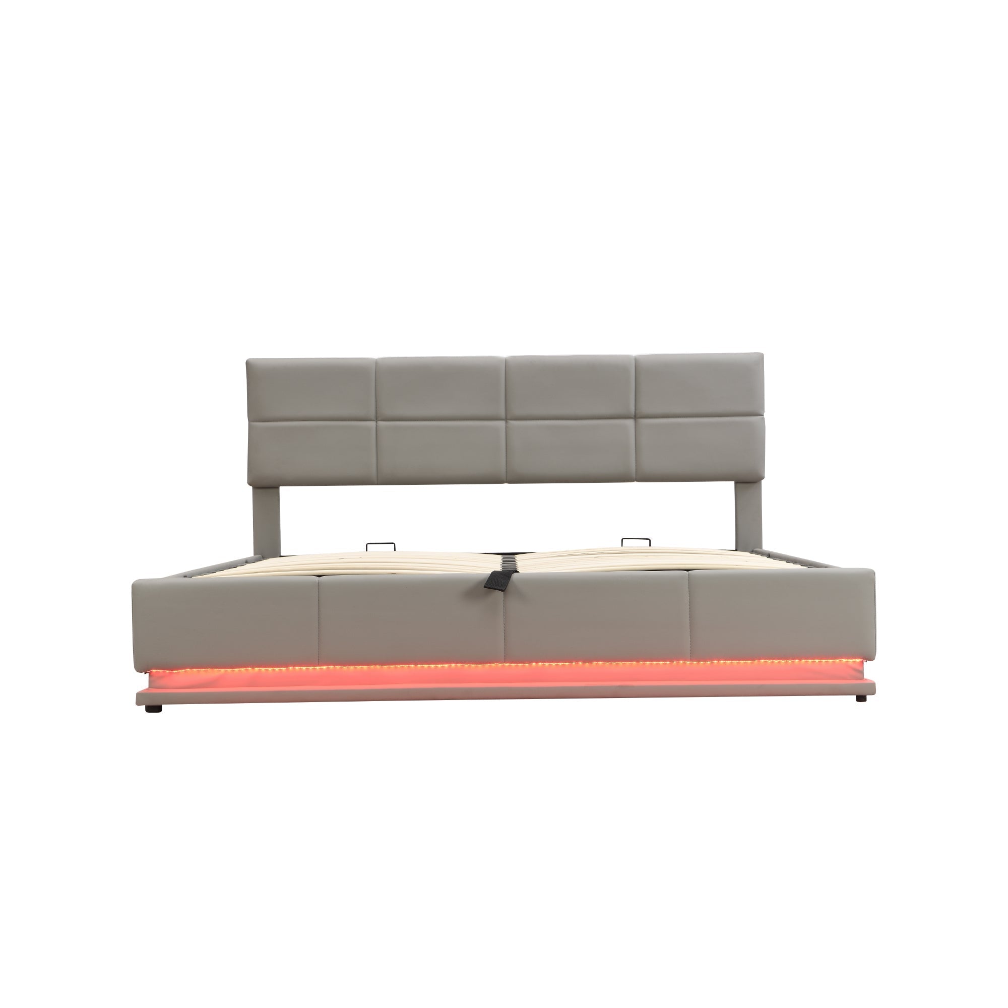 Upholstered Bed, 180x200cm LED & Hydraulic Storage, Faux Leather Light Grey