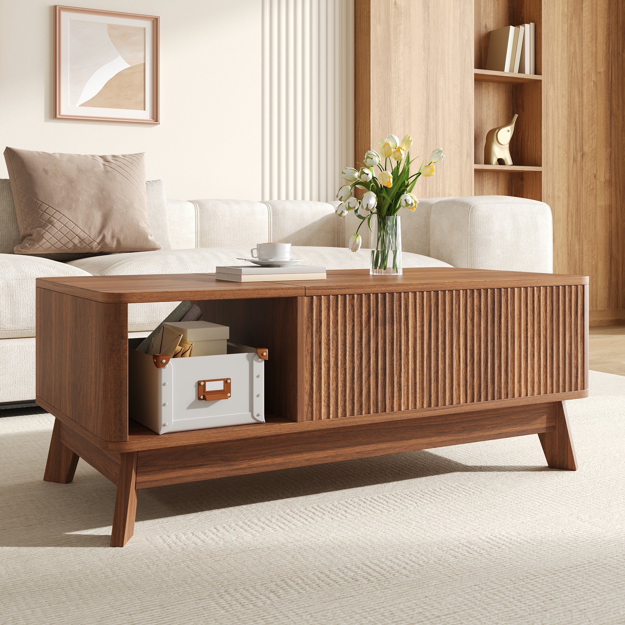 Coffee Table with Lifting Mechanism, Wave Design and Side Compartment, MDF Material