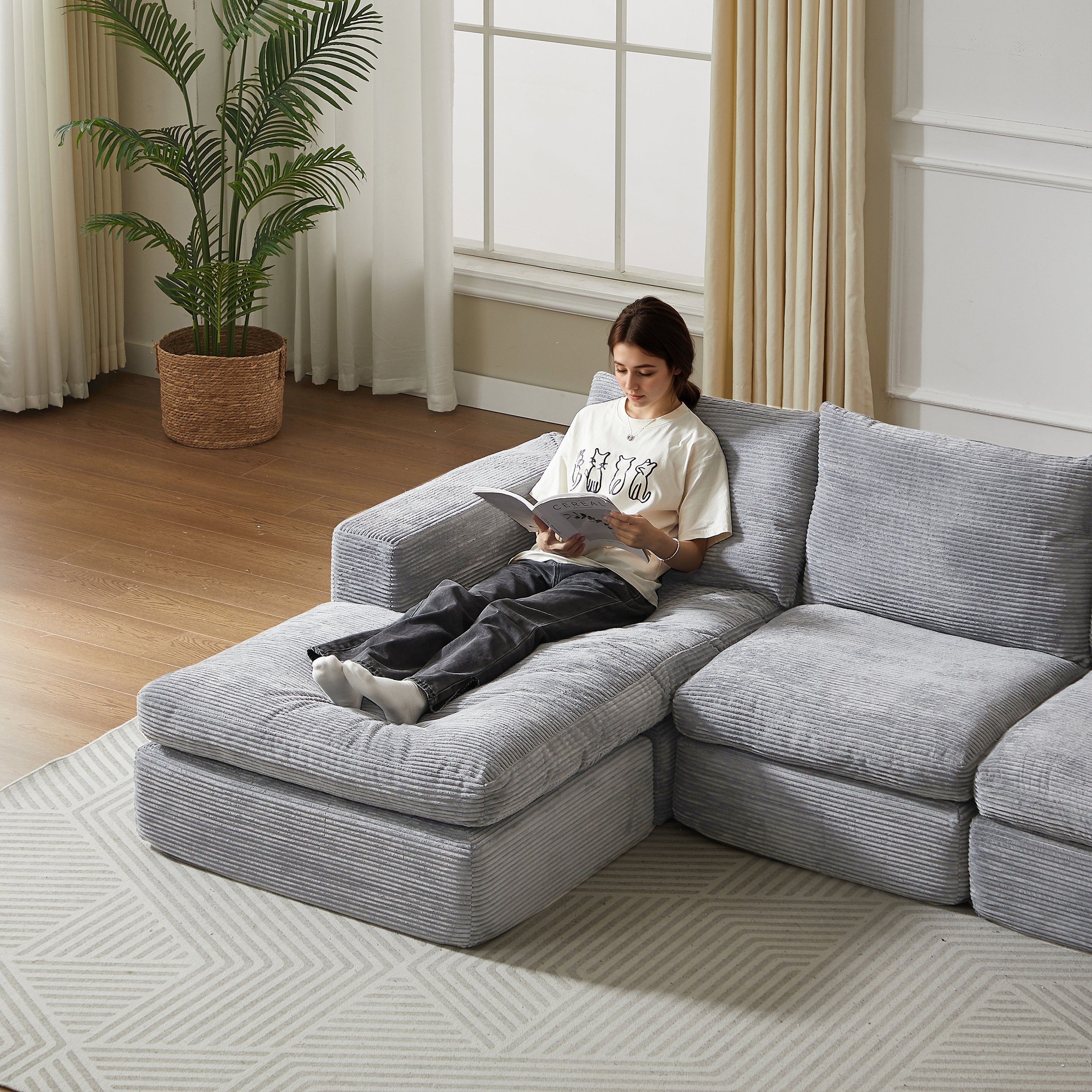 Boneless Couch with Chaise, L-Shaped Modern Upholstered Sofa, Three Cushions, No Assembly Required, Corduroy