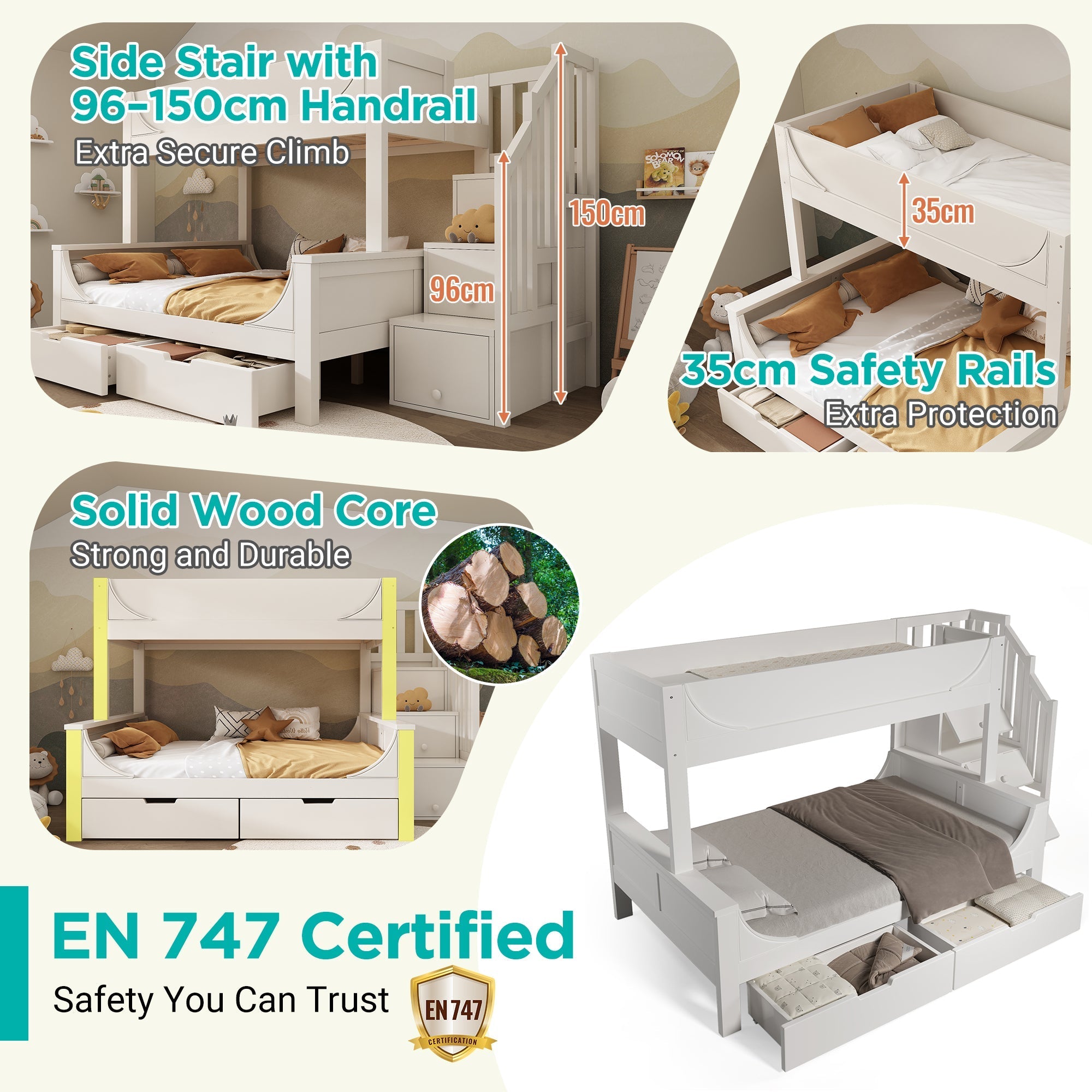 Bunk Beds for Kids, Staircase with Drawers and Storage, Solid Wood, White