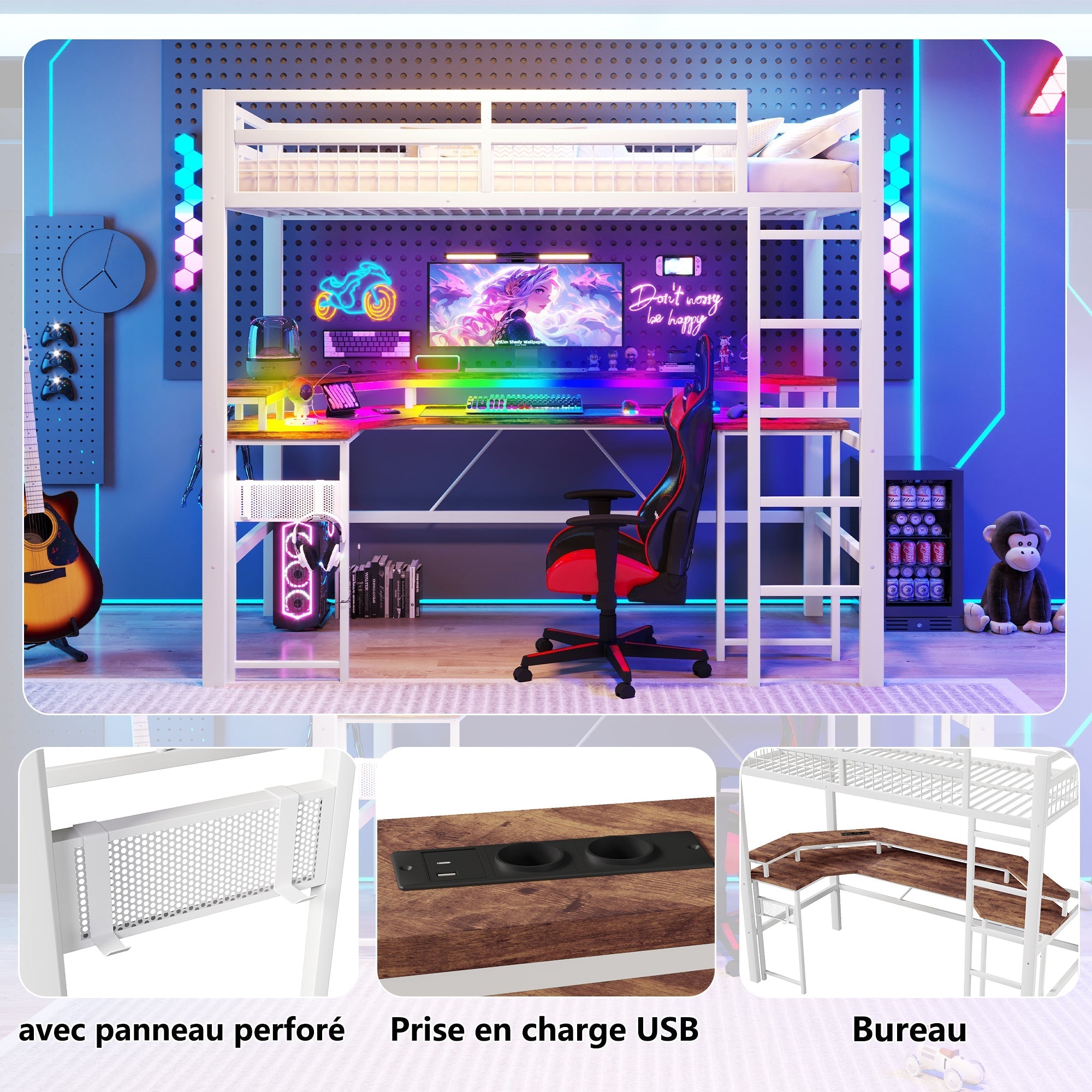 Loft Bed with Desk and LED Lights, USB Ports and Pegboard, White Iron Frame