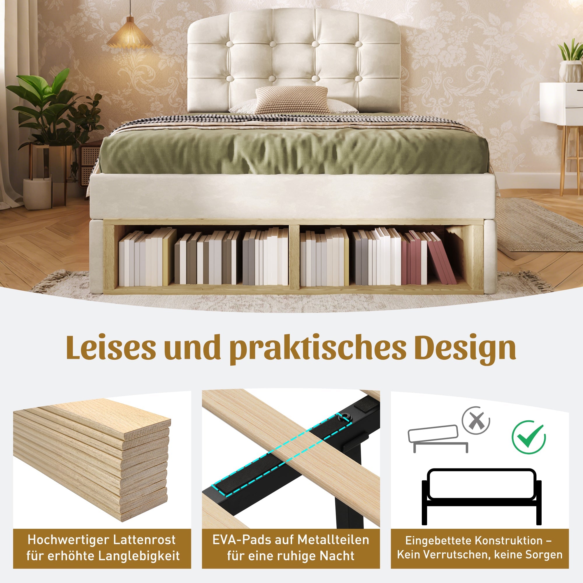 Upholstered Single Bed with Storage and Adjustable Headboard, 90x200cm, Beige Velvet