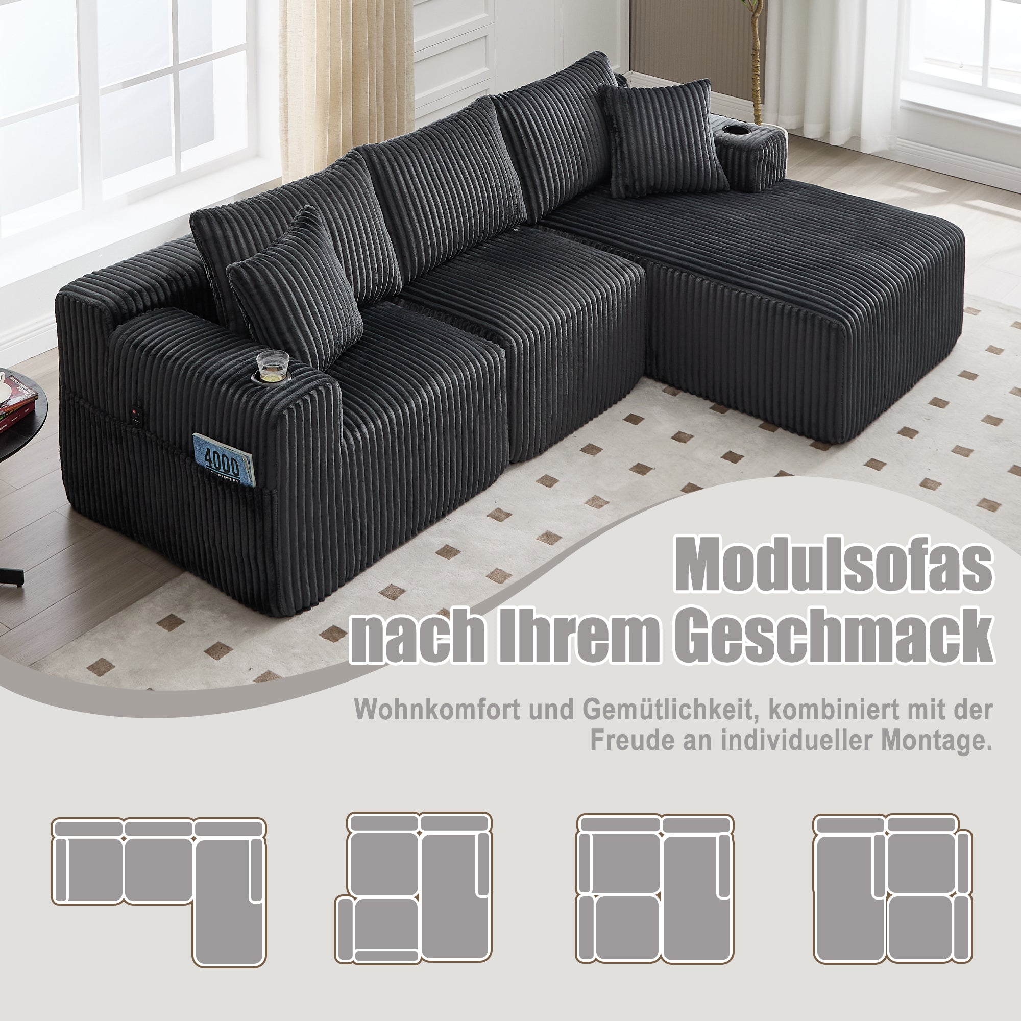 Modular Sofa Set Chaise 2-Seater Side Pockets Corduroy